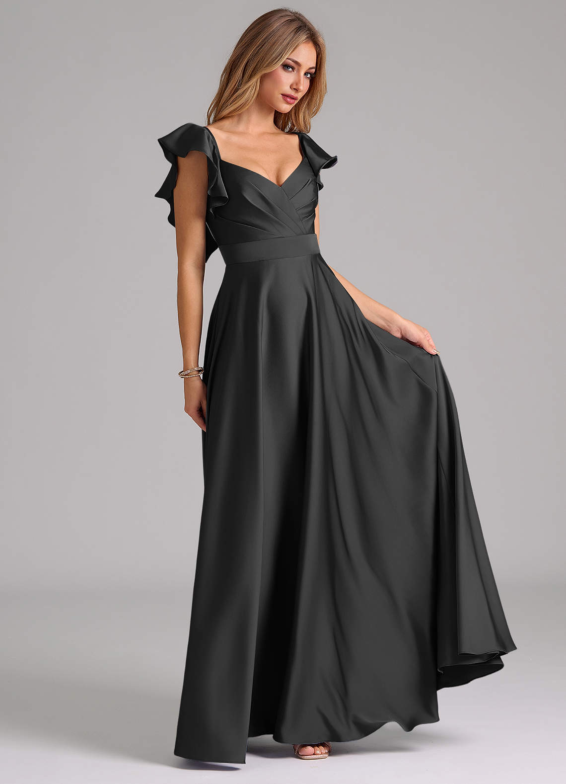 Azazie Leilani Bridesmaid Dresses Black A-Line Ruched Stretch Satin Dress image3