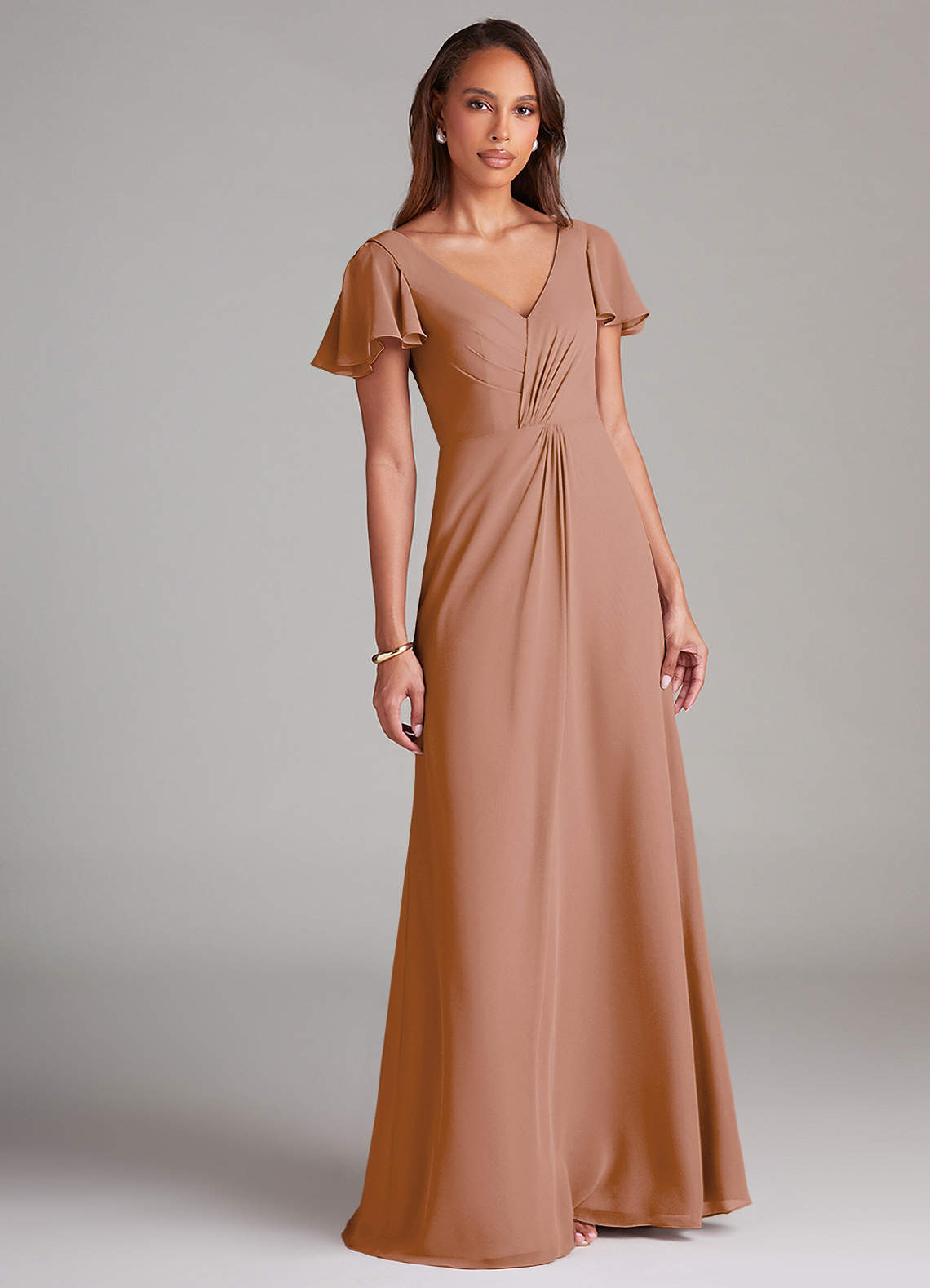 Azazie Soren Bridesmaid Dresses Champagne Rose A-Line Ruched Chiffon Dress image1
