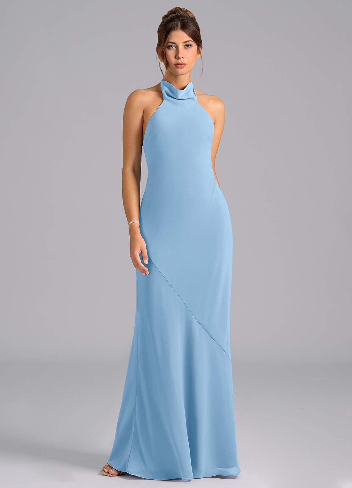 Azazie Velli Bridesmaid Dresses Powder Blue Mermaid High Neck Chiffon Dress image5