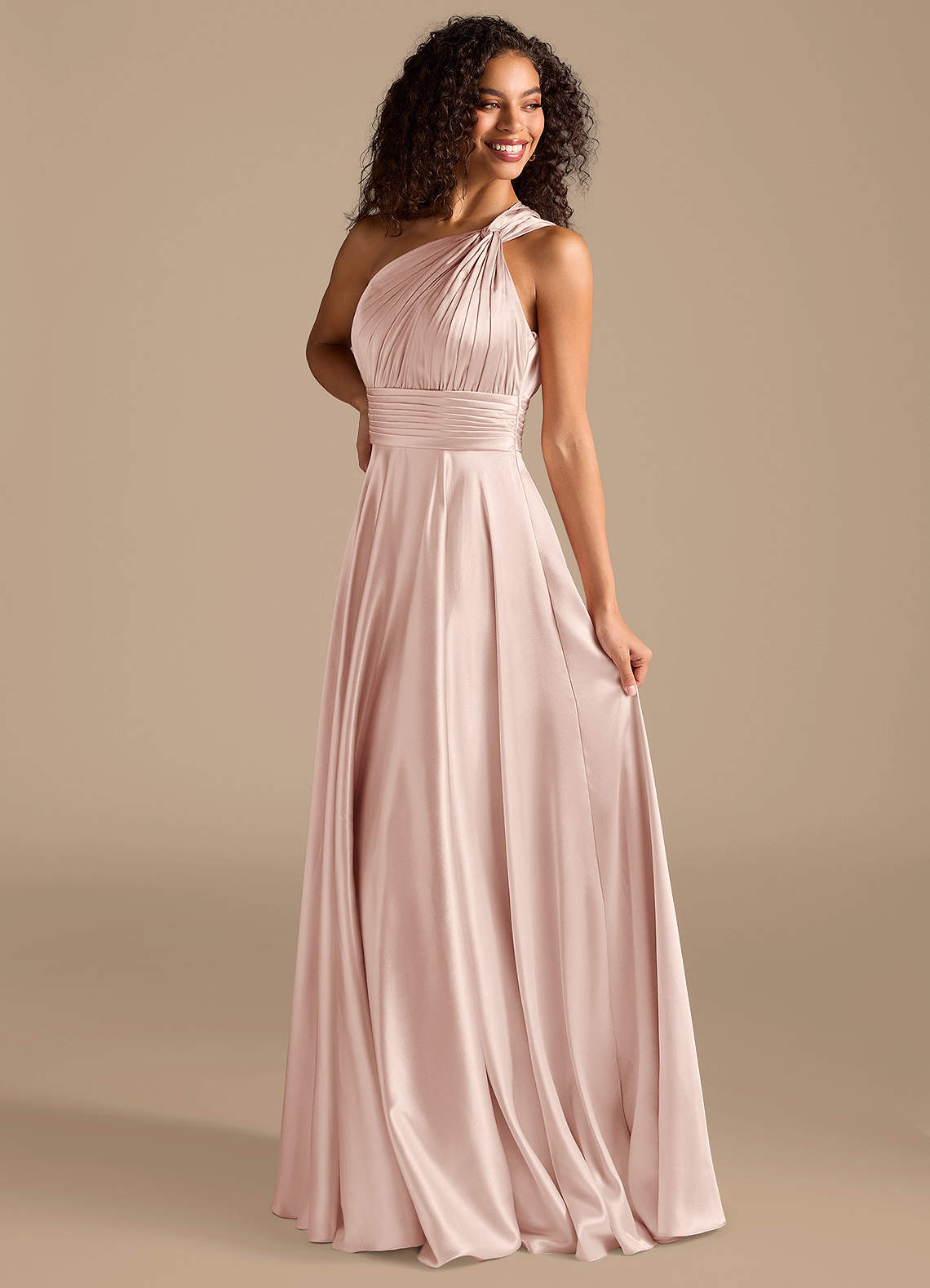 Azazie Charlize Brudtärnklänningar Klä av A-Linje i Metallisk satin Ena axeln Rodnande Rosa image4