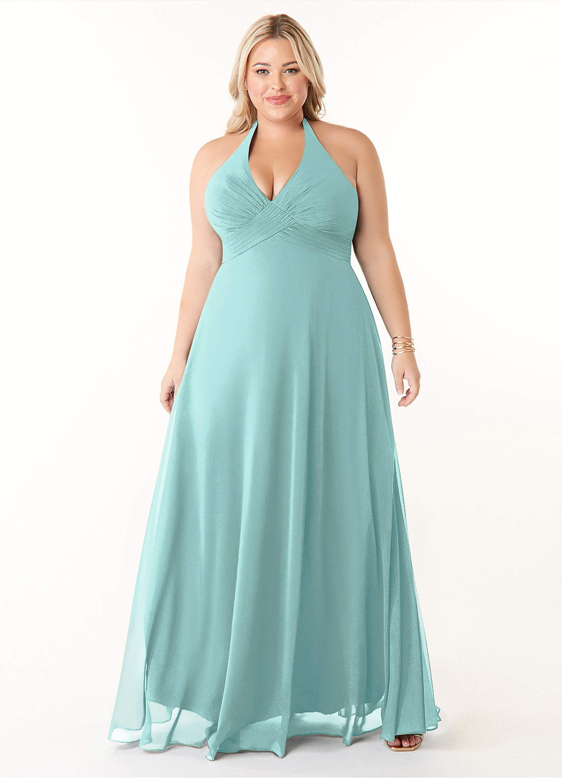 Azazie Tessie Vestidos de damas de honor Vestido de Aqua de Gasa de Corte en A con Cuello en V plisado image5