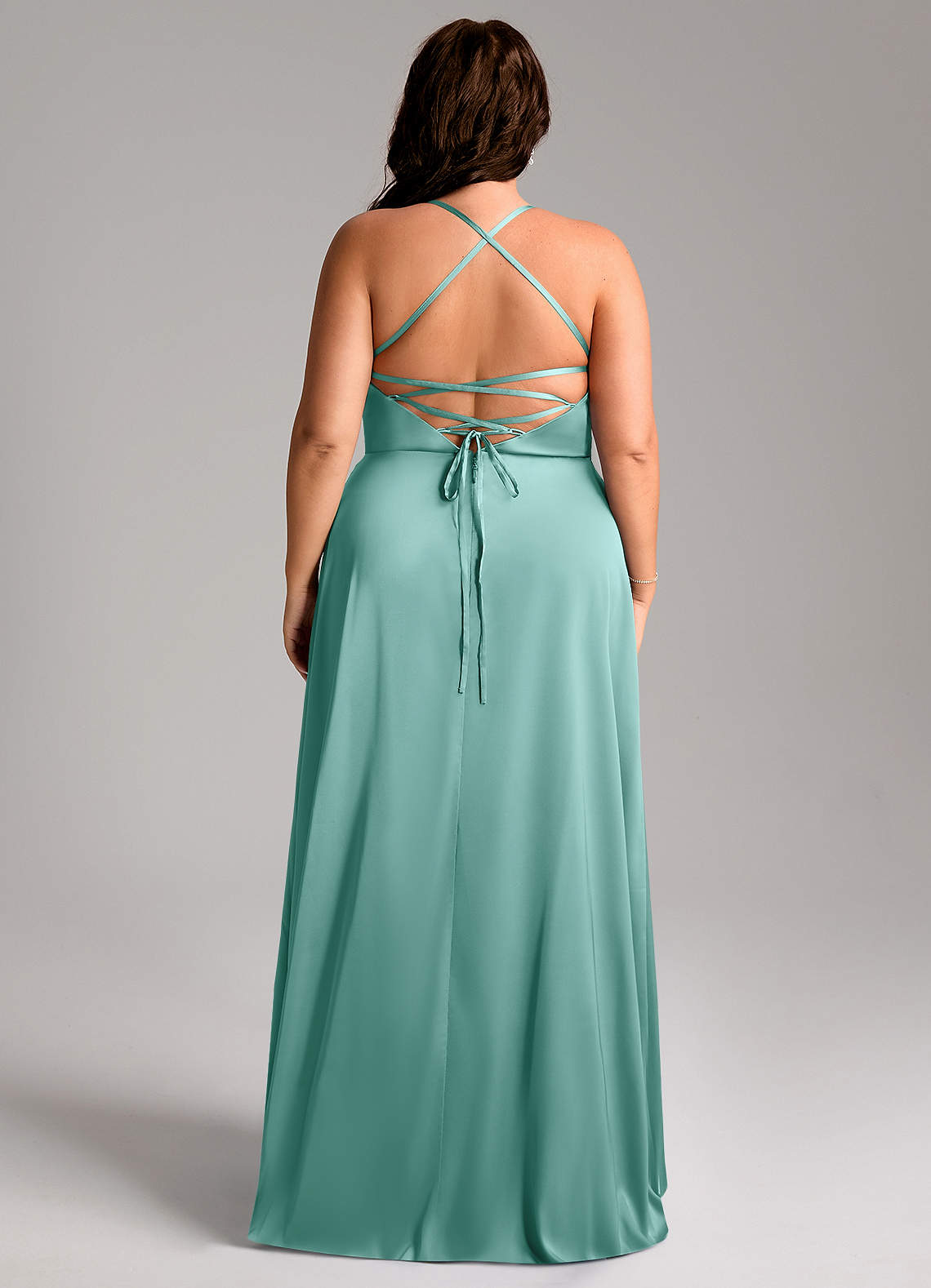 Azazie Mei Vestidos de damas de honor Vestido de Aqua de Satén Elástico de Corte en A con Cuello en V image7