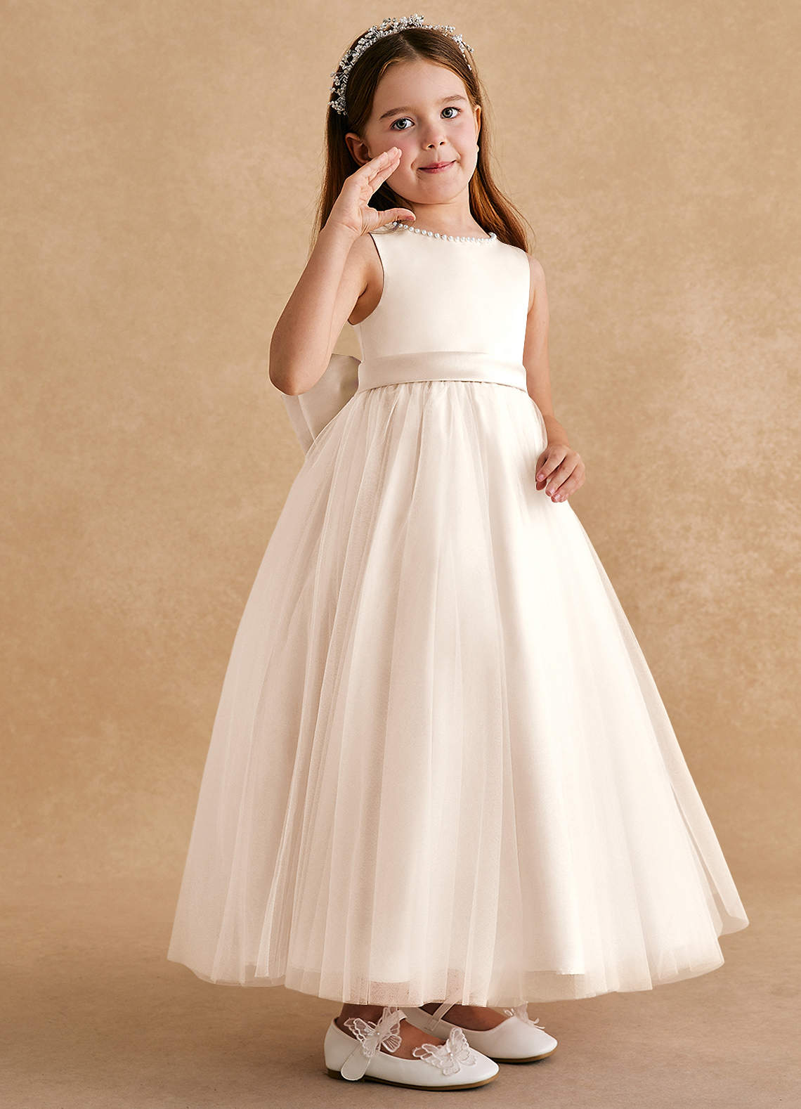 Azazie Cookie Flower Girl Dresses White Alabaster A-Line Bow Tulle Dress image1