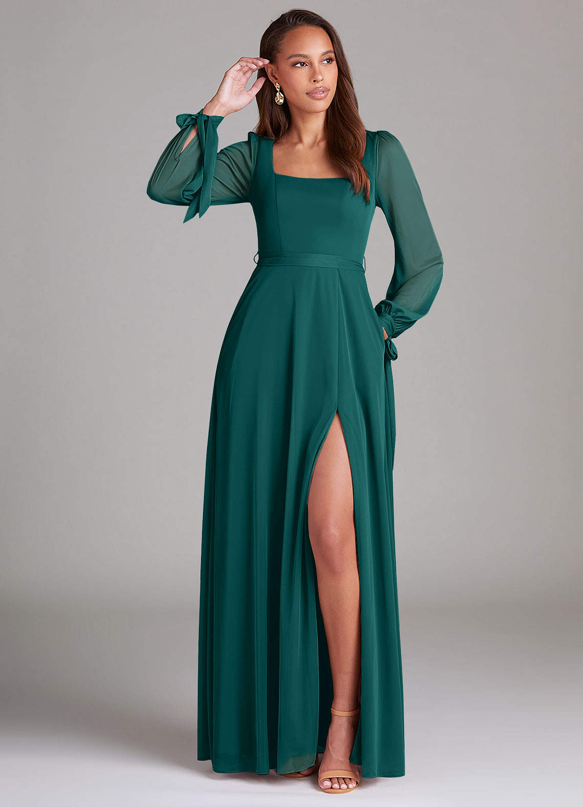 Azazie Leonia Bridesmaid Dresses Peacock A-Line Long Sleeve Mesh Dress image1