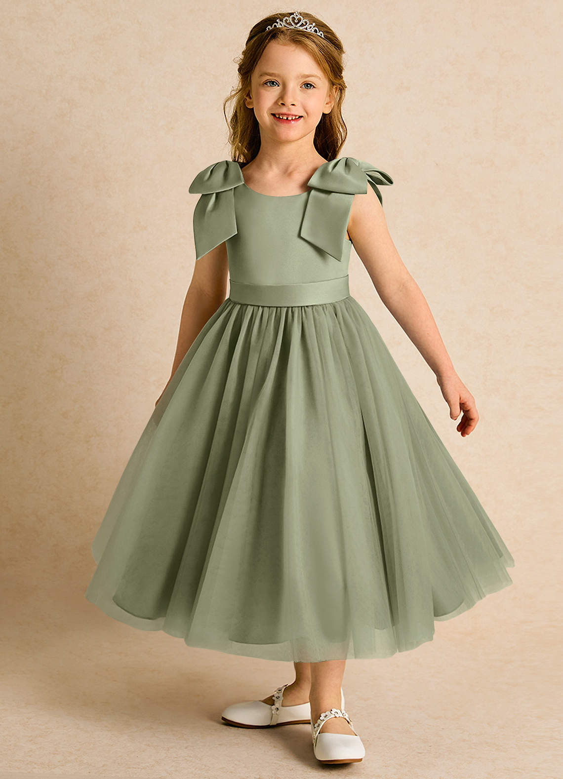 Azazie Serene Flower Girl Dresses Pistachio Ball-Gown Bow Matte Satin Dress image1