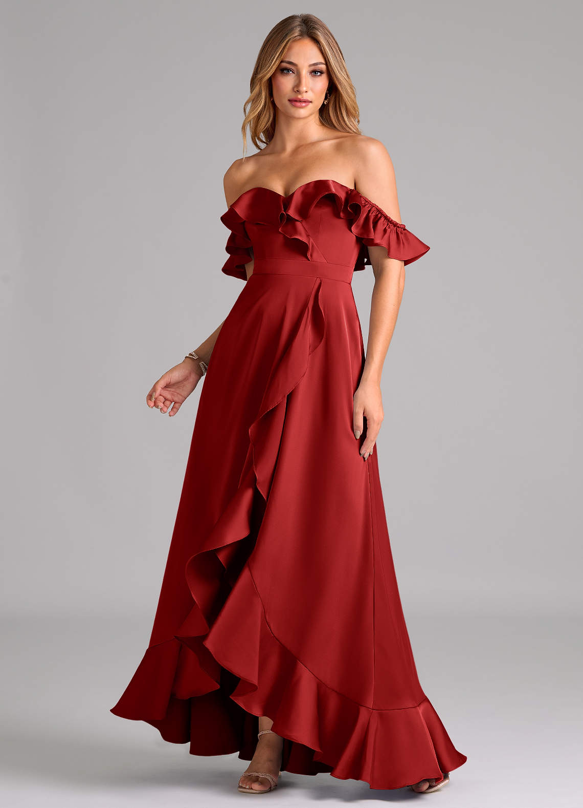 Azazie Lyra Bridesmaid Dresses Pomegranate A-Line Off the Shoulder Stretch Satin Convertible Dress image1