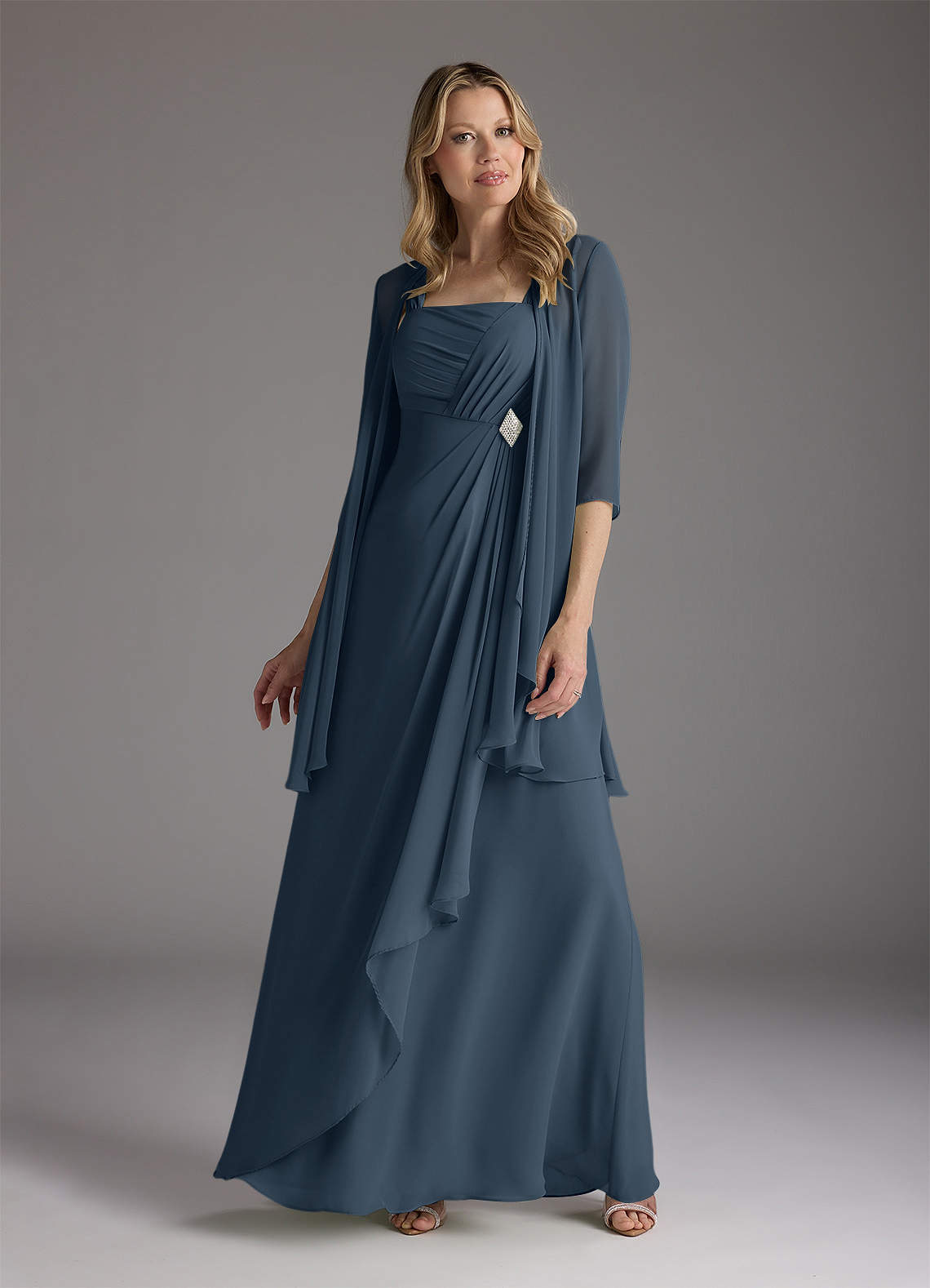 Azazie Weisz Mère de la mariée Robes Robe Trapèze en Mousseline de soie Encolure carrée plissée Neptune image1