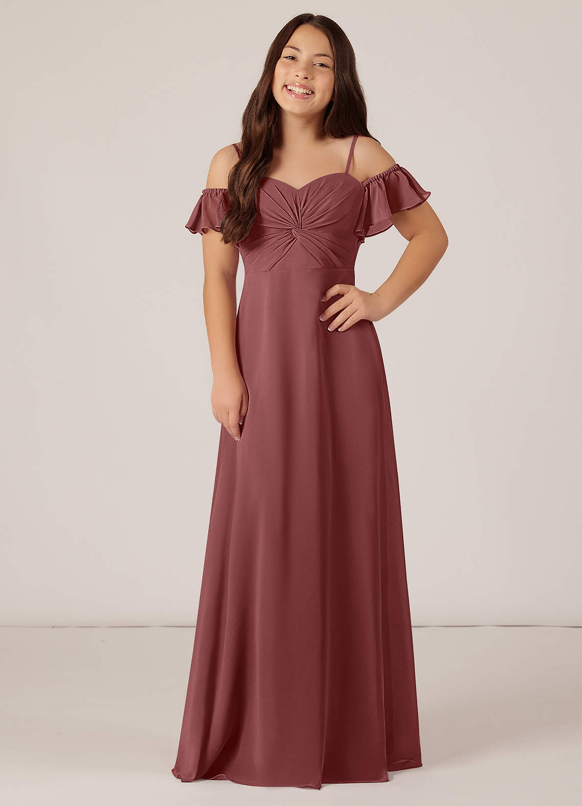 Azazie Juna Junior Robe Trapèze en Mousseline de soie Épaule décolletée Améthyste image1