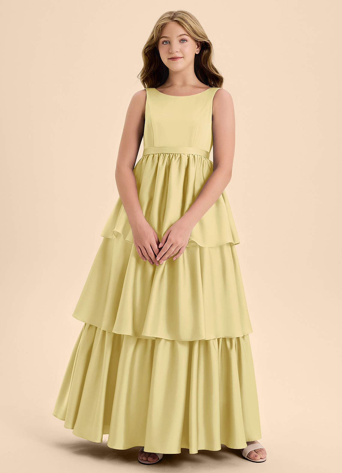 Azazie Meadowyn Junior Lemon Sorbet A-Line Bow Stretch Satin Dress image1