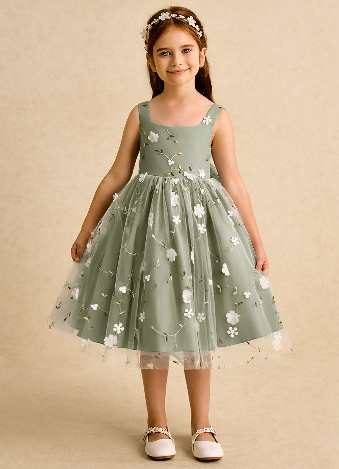 Azazie Bean Flower Girl Dresses Pistachio Ball-Gown Sleeveless Tulle Dress image1