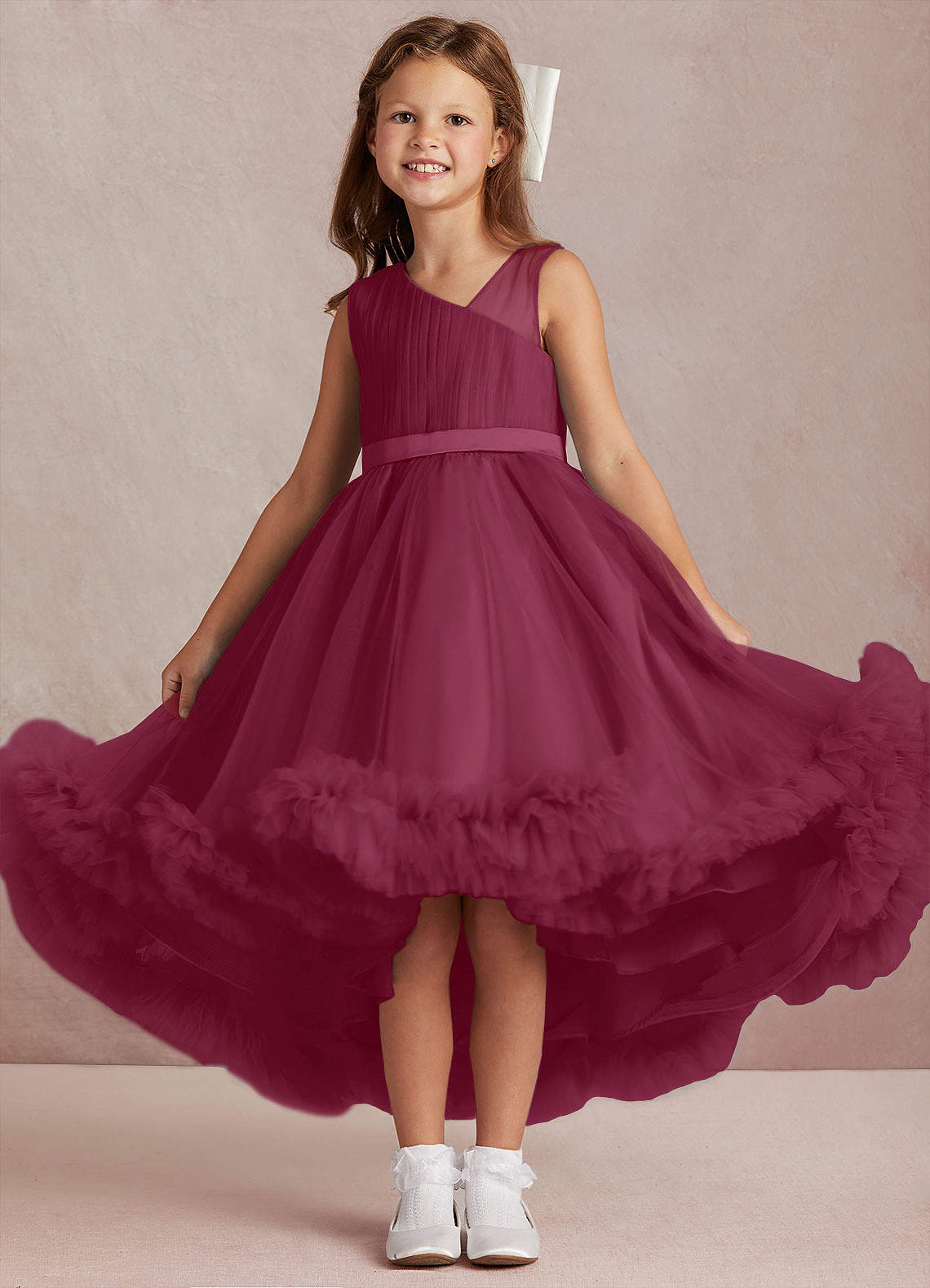 Azazie Lottie Flower Girl Dresses Mulberry A-Line One Shoulder Satin Dress image1
