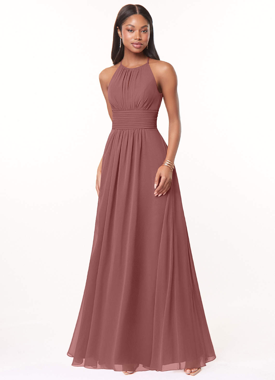 Azazie Bonnie Bridesmaid Dresses Desert Rose A-Line Keyhole Ruched Chiffon Dress image1