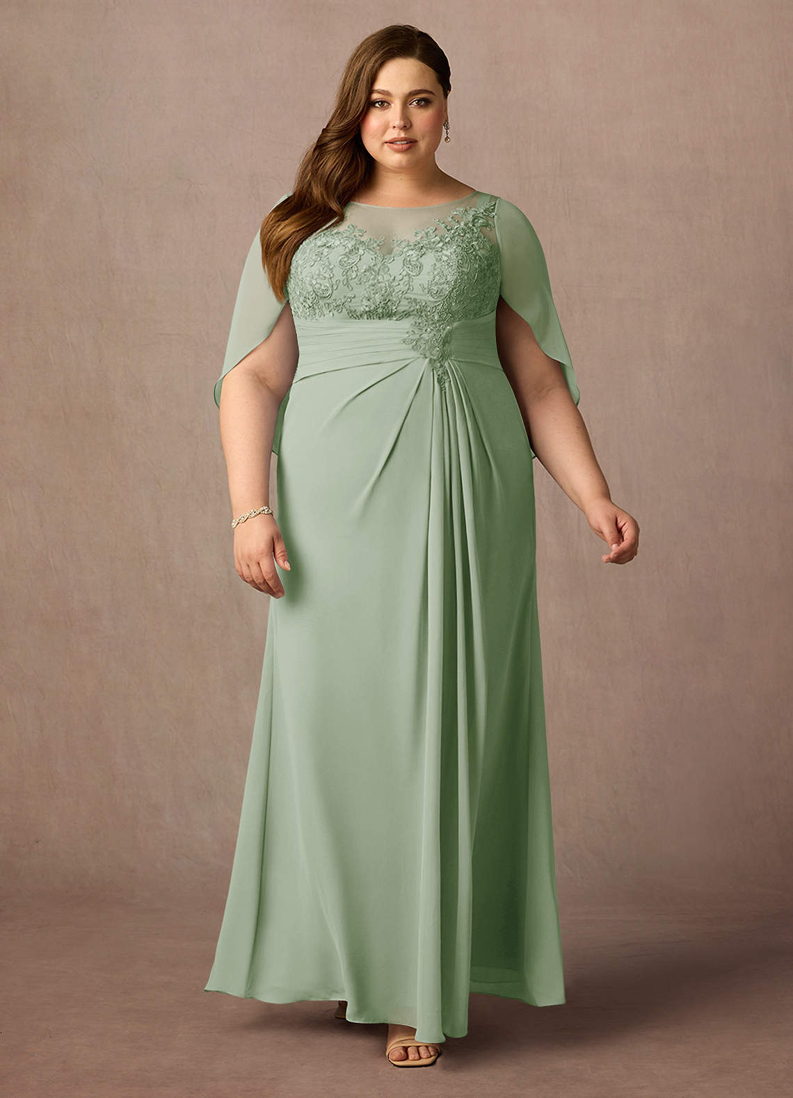 Azazie Hera Mother of the Bride Dresses Dusty Sage A-Line Lace Capelet Chiffon Dress image1
