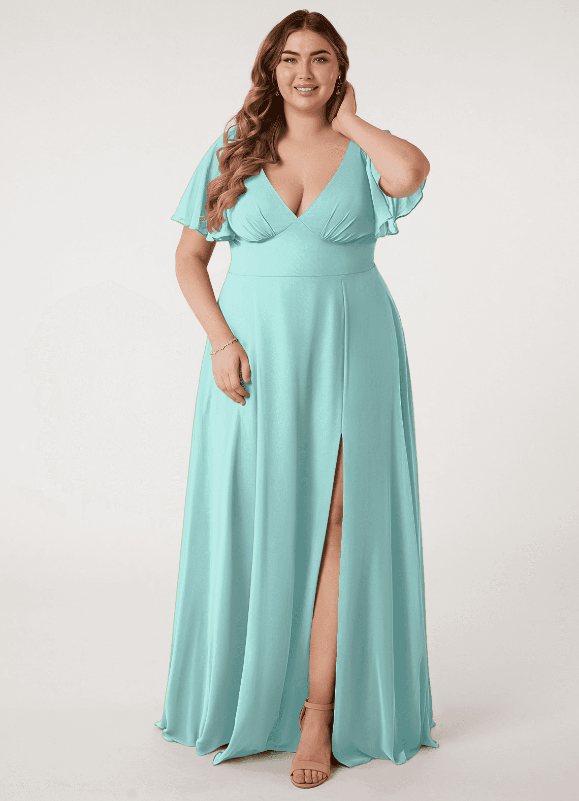 Azazie Kimber Bridesmaid Dresses Aqua A-Line Flounce Sleeve Chiffon Dress image1