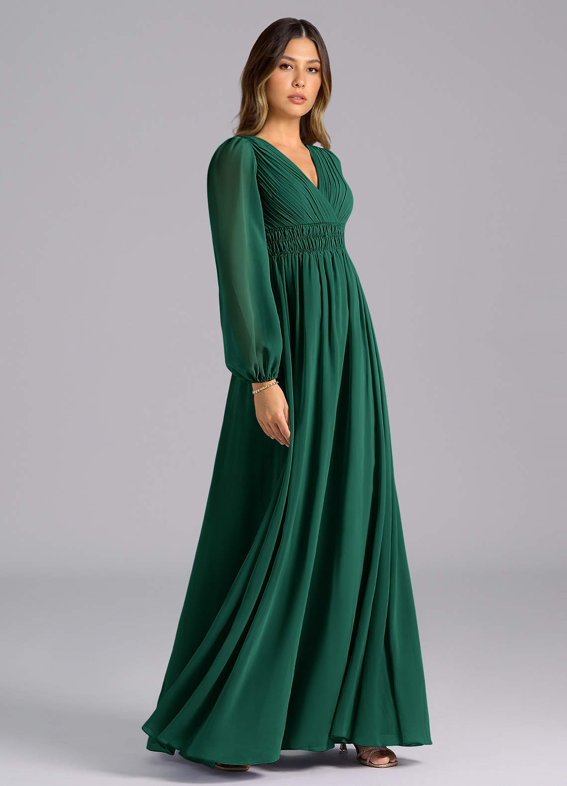 Azazie Palerma At-home Try On Dresses Emerald A-Line Long Sleeve Chiffon Dress image4