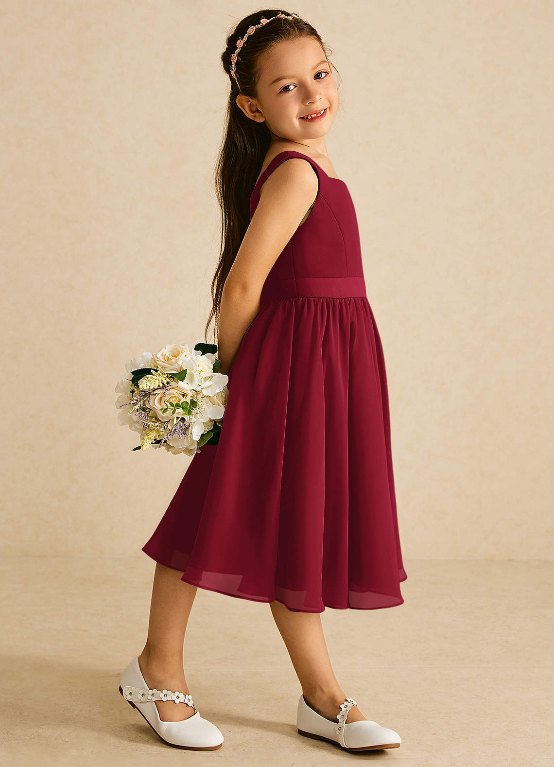 Azazie Ari Flower Girl Dresses Burgundy A-Line Sleeveless Chiffon Dress image2