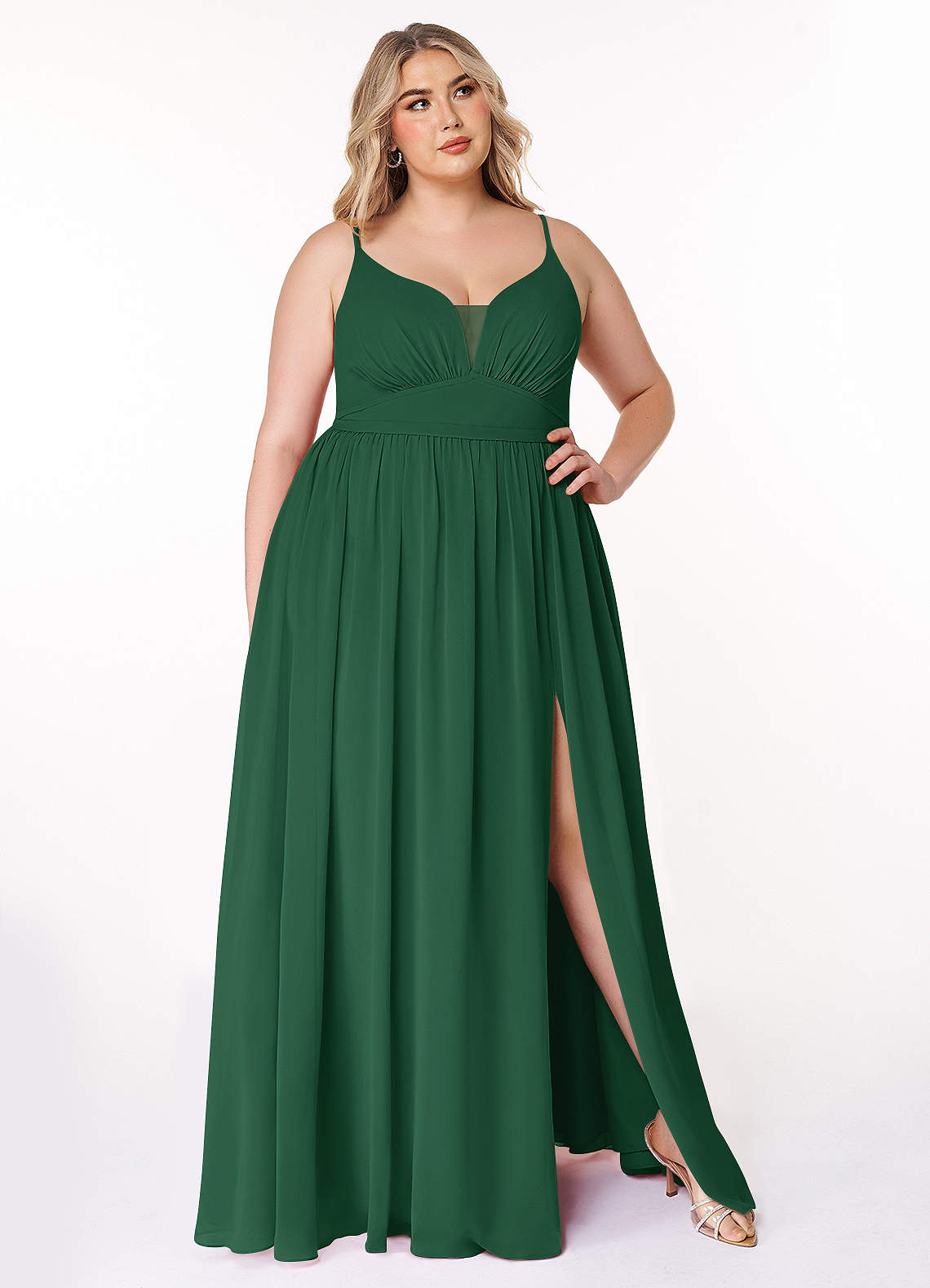 Azazie Rayna Final Sale Dark Green A-Line V-Neck Pleated Chiffon Dress image1