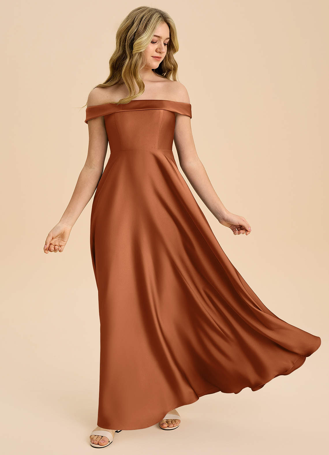 Azazie A-Line/Princess Off The Shoulder Floor-Length Stretch Satin Junior Bridesmaid Dresses - Copper