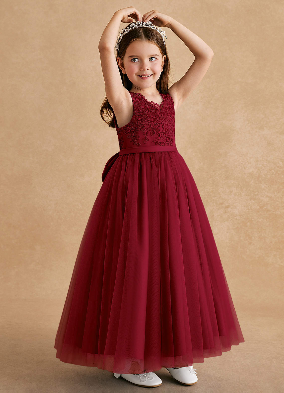 Azazie A-Line/Princess V-Neck Ankle-Length Tulle Flower Girl Dresses - Burgundy