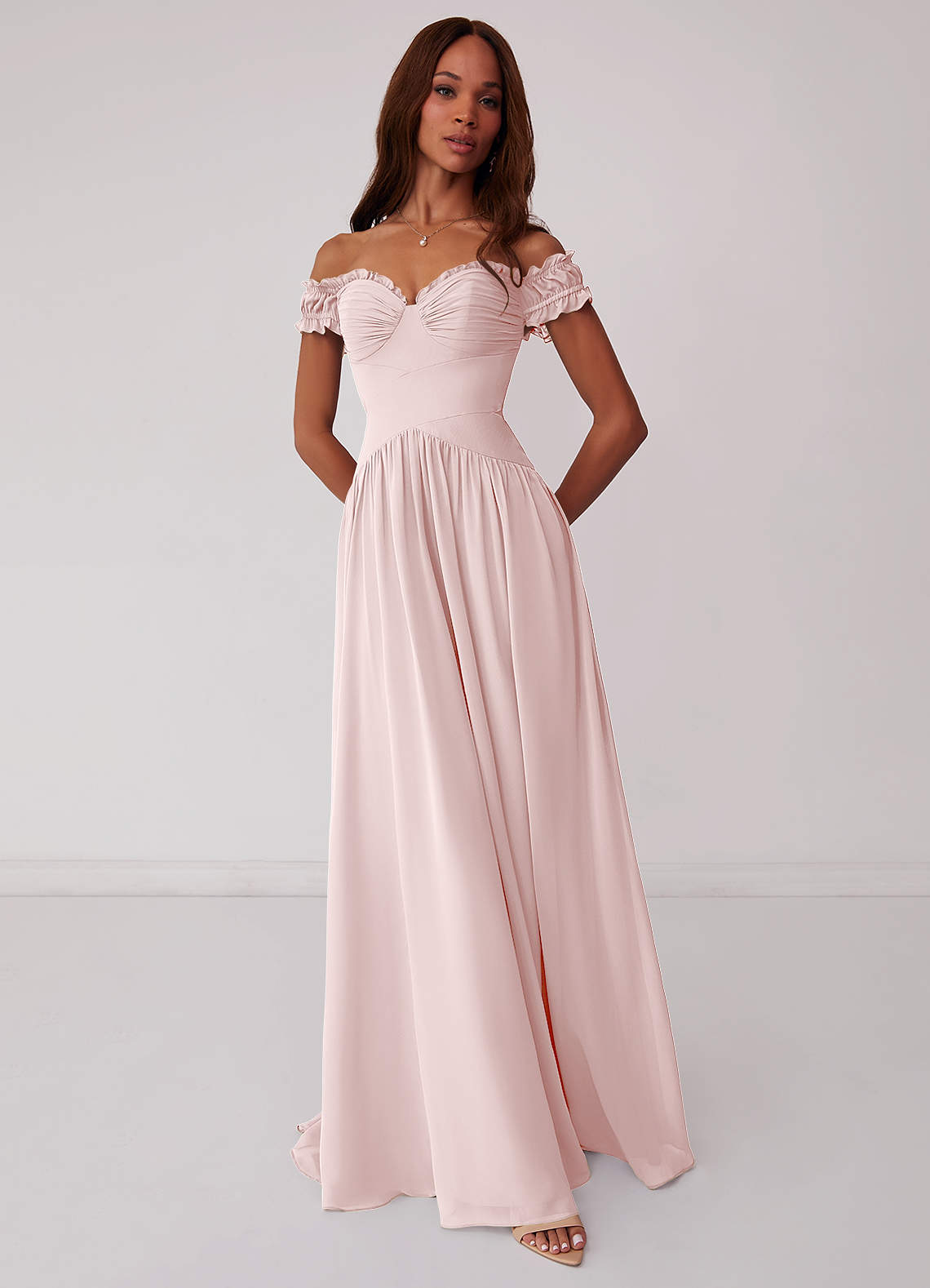 Barbie ♥ Azazie Jurken voor bruidsmeisjes Converteerbaar Jurk van Chiffon met A-Lijn Off the Shoulder Blozend Roze image1