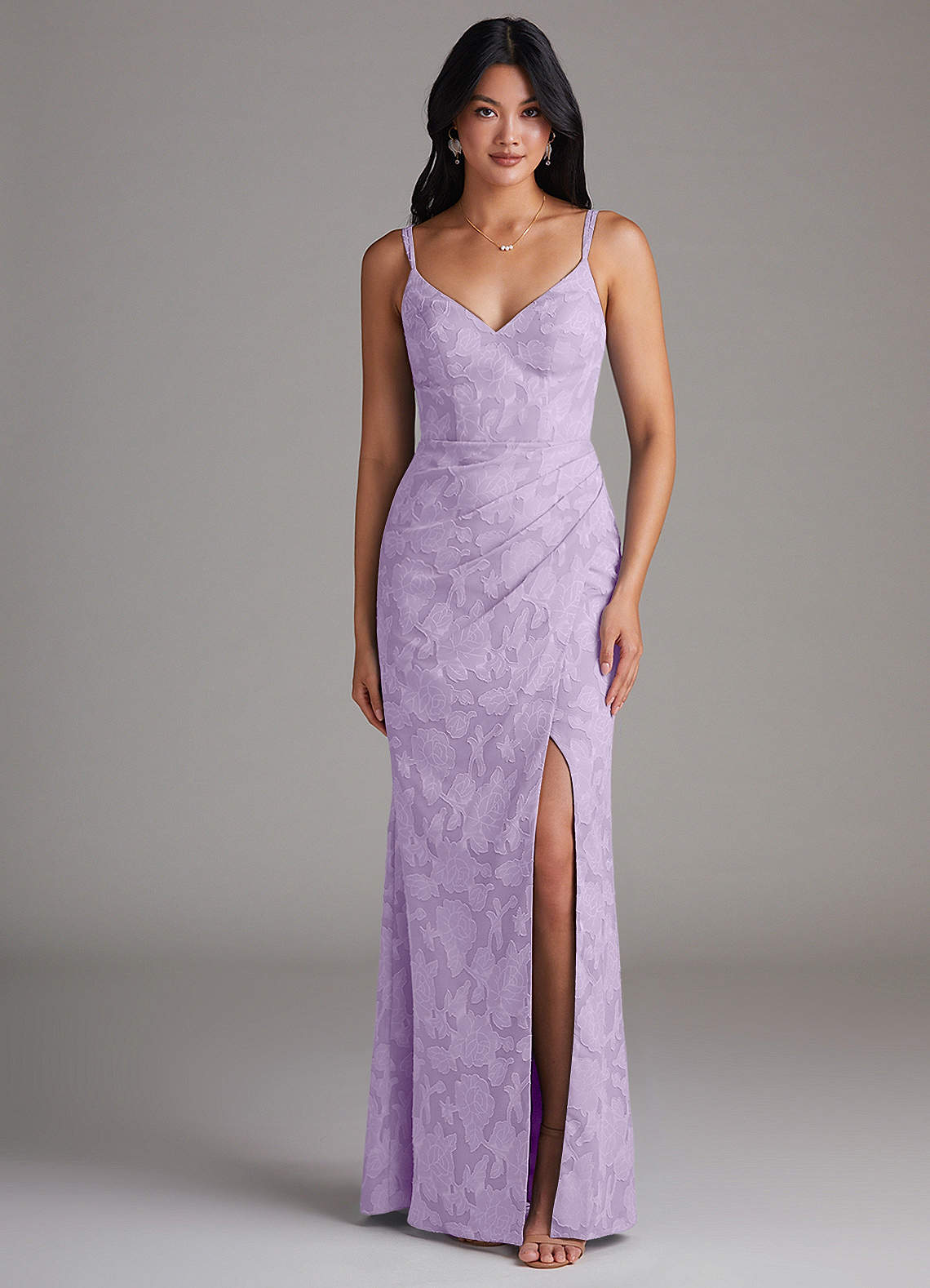 Azazie Leo Bridesmaid Dresses Lilac Sheath Pleated Floral Burnout Dress image1