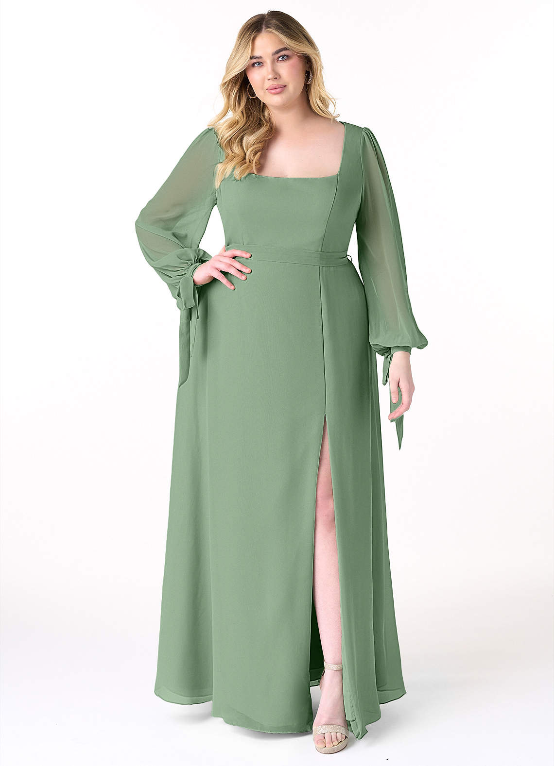 Azazie Leonia Bridesmaid Dresses Matcha A-Line Long Sleeve Chiffon Dress image1