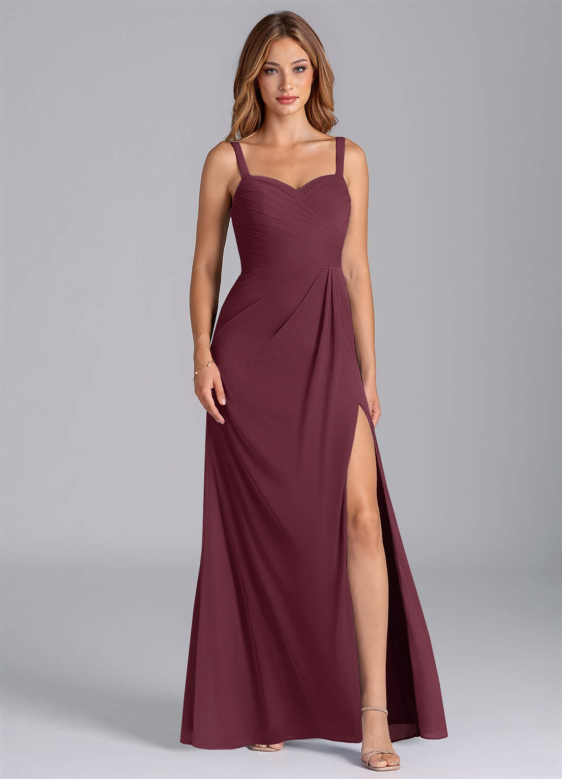 Azazie Micky Vestidos de madrinha de casamento Vestido Cabernet de Malha de Linha A com Plissado image1