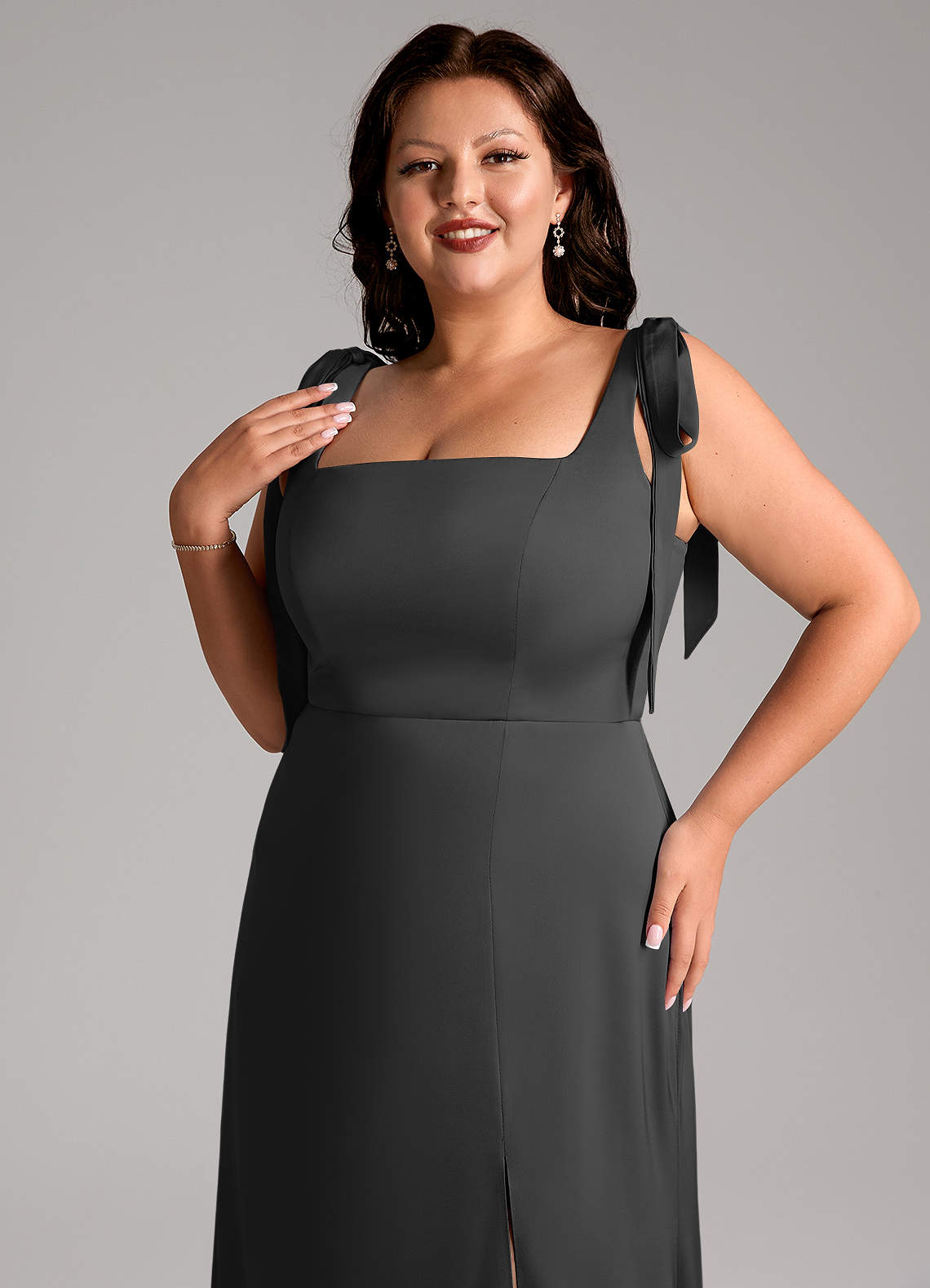 Azazie Frostine Bridesmaid Dresses Black A-Line Bow Stretch Satin Dress image11