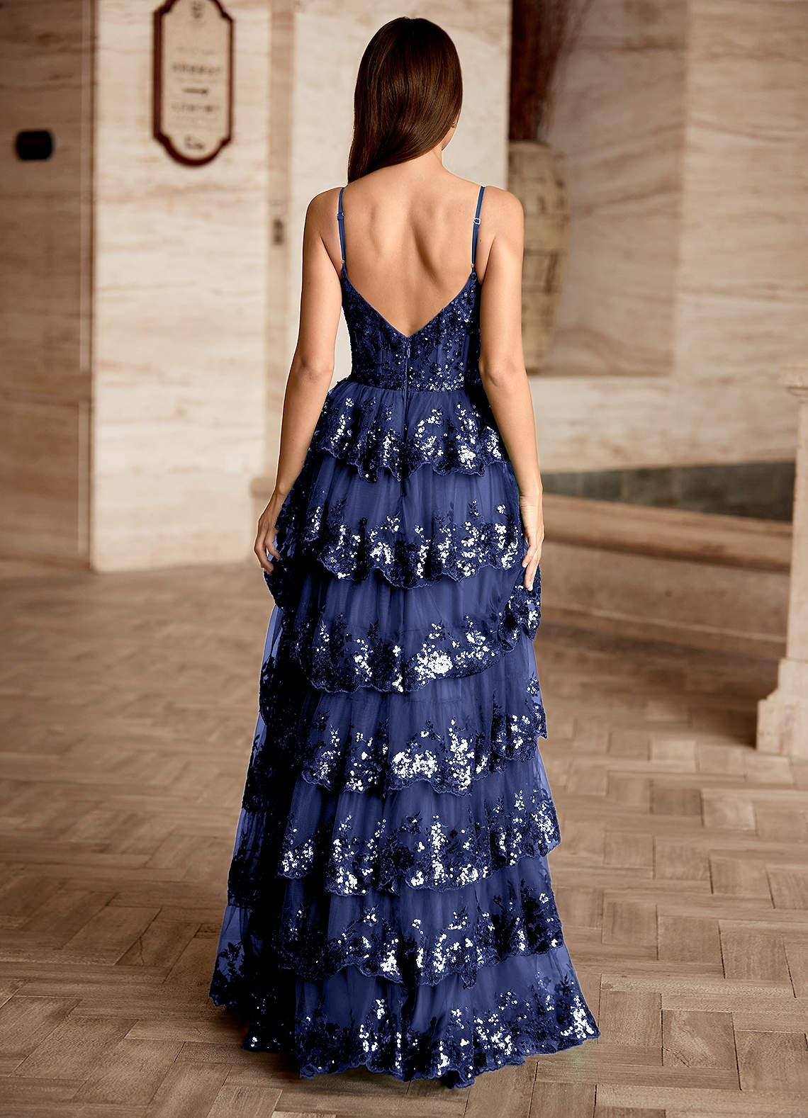 sequin ruffle dress in navy Inara Navy Sequin Ruffle Maxi Dress - US 0