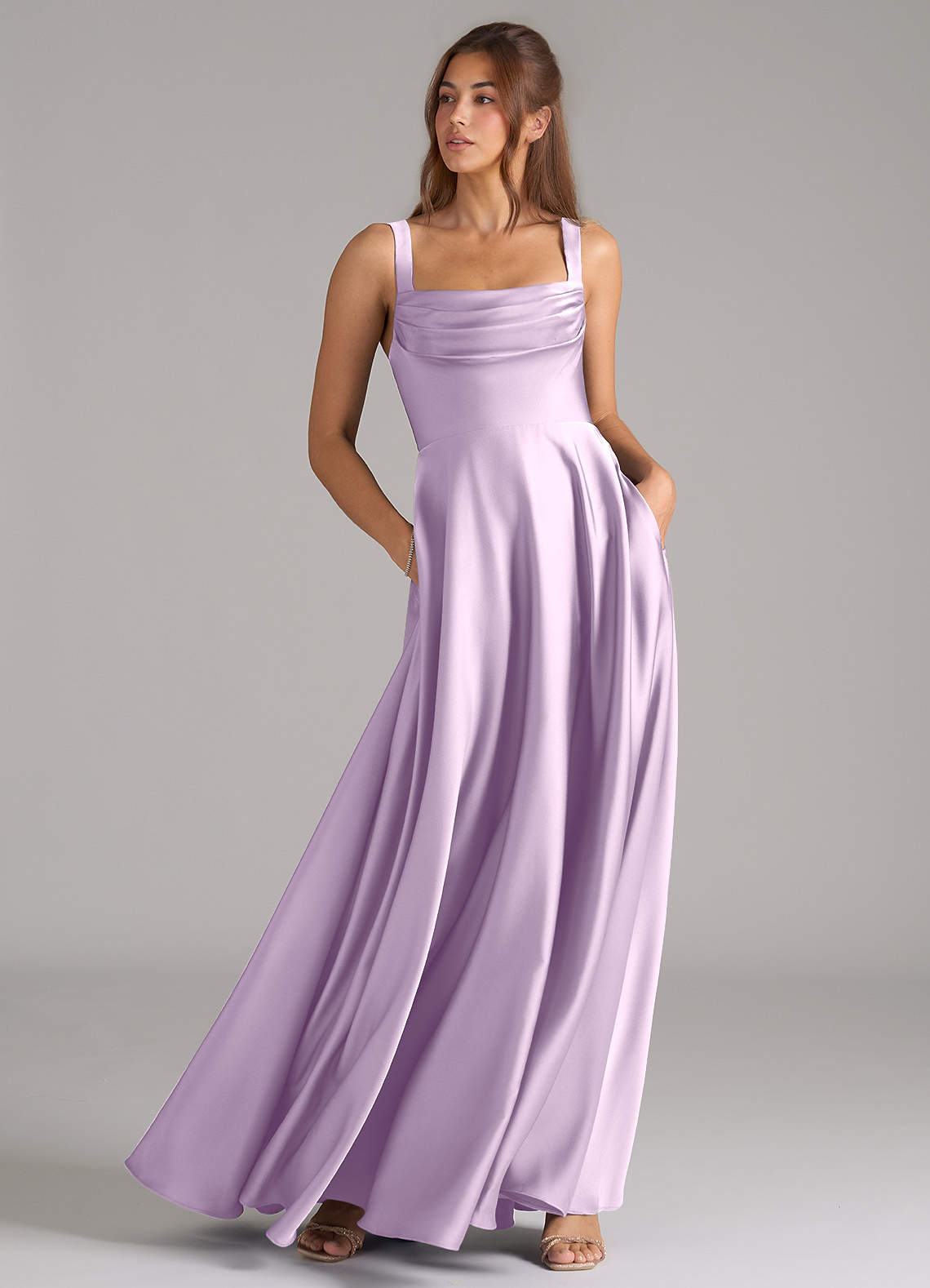 Azazie Shaude Bridesmaid Dresses Frosted Lilac A-Line Pleated Stretch Satin Dress image2