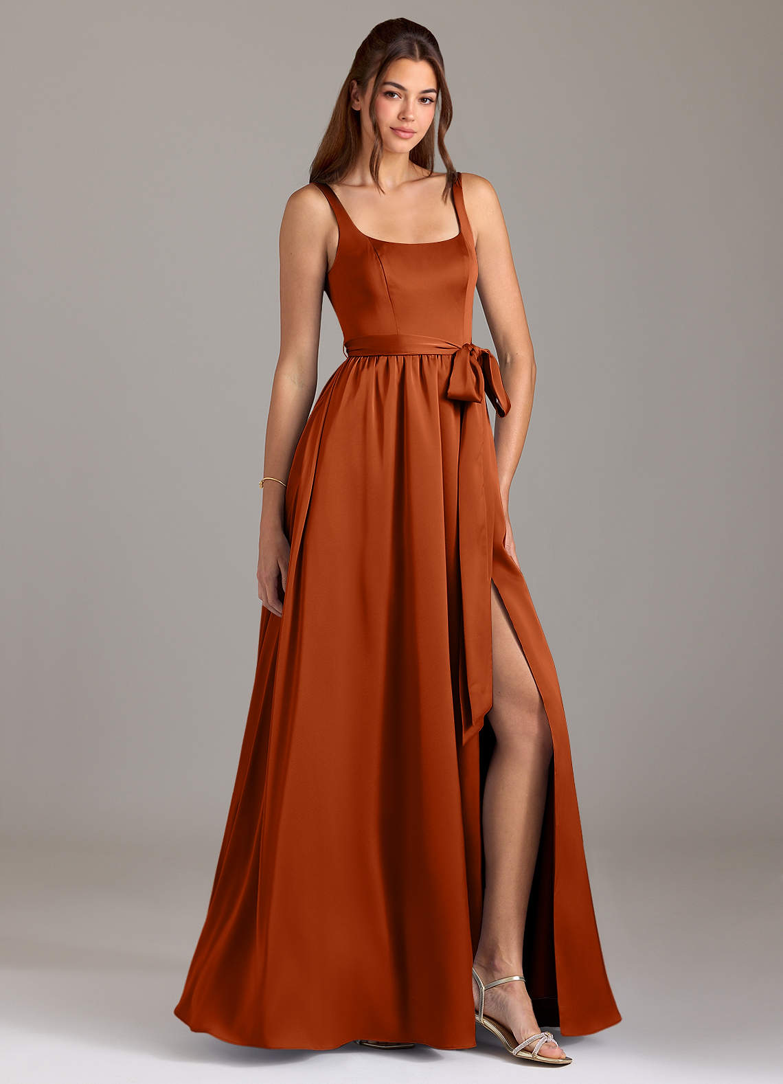 Azazie Elliott Bridesmaid Dresses Burnt Orange A-Line with Pockets Stretch Satin Dress image1