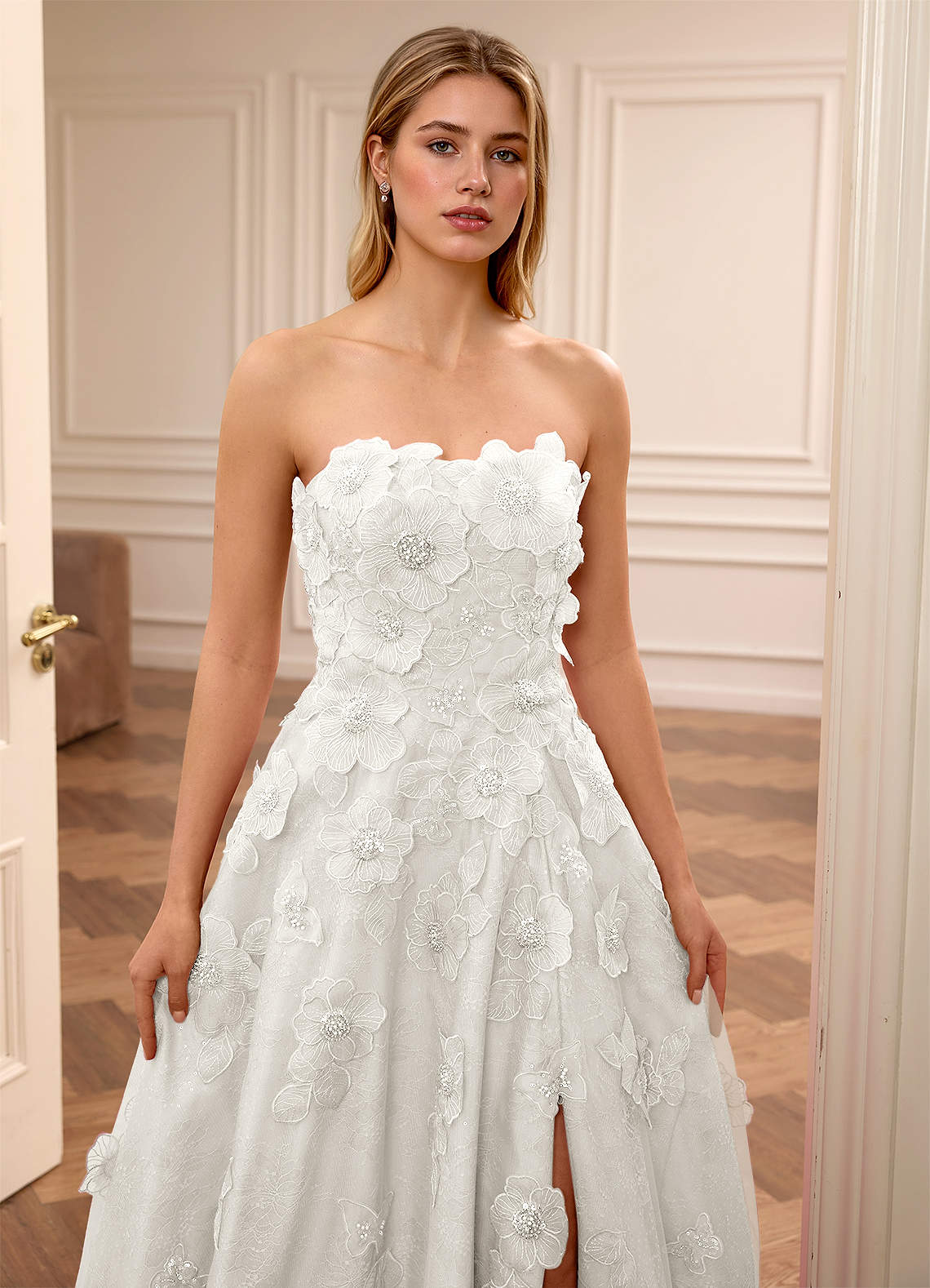 white floral embroidered prom dress Zapakasa Women Ivory Flower Prom Dress with Slit A Line Sweetheart  Embroidered Corset Long Wedding Dress main image 0