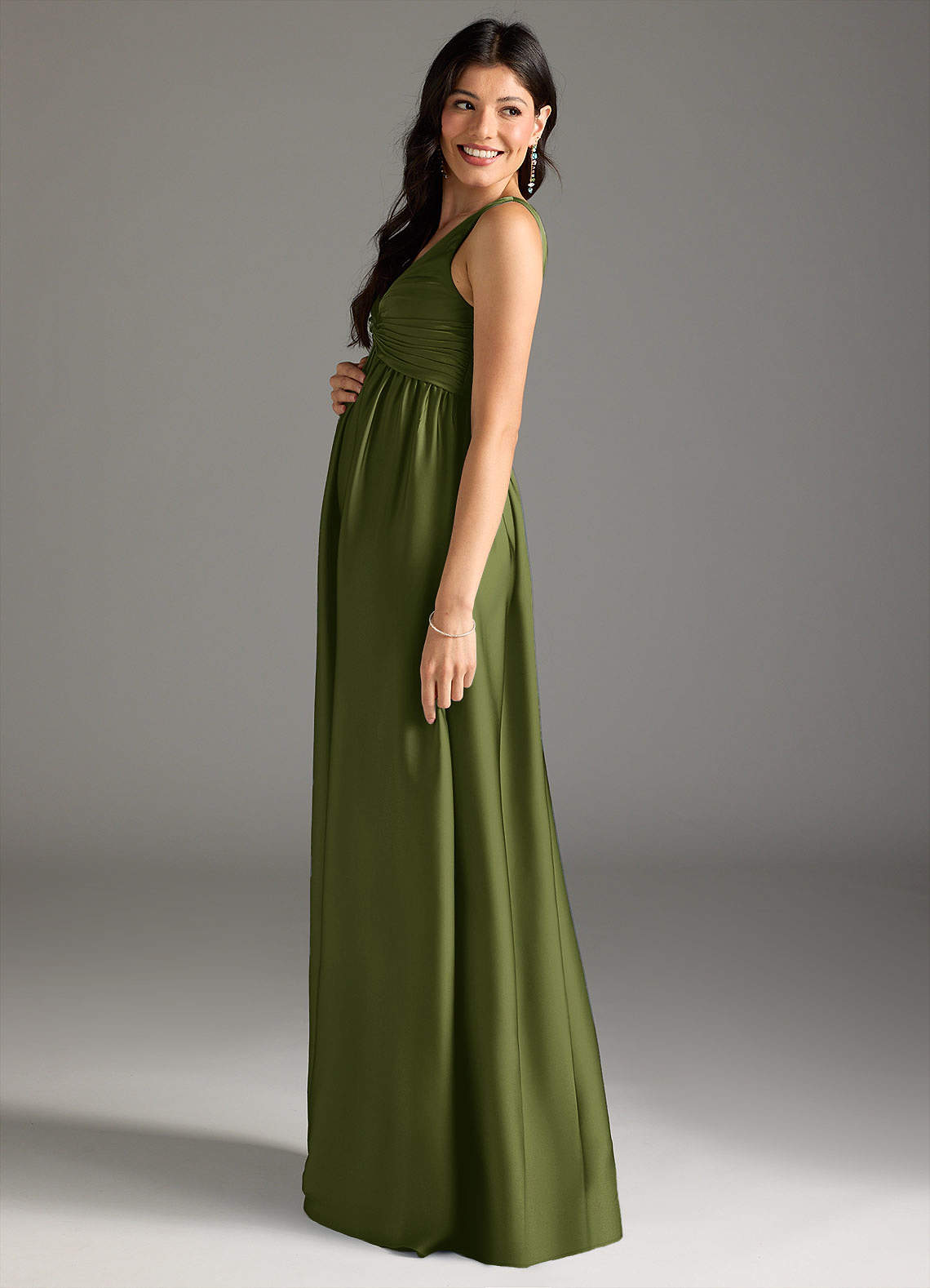Azazie Yetta Maternity Bridesmaid Dresses A-Line Pleated Stretch Satin Floor-Length Dress image3