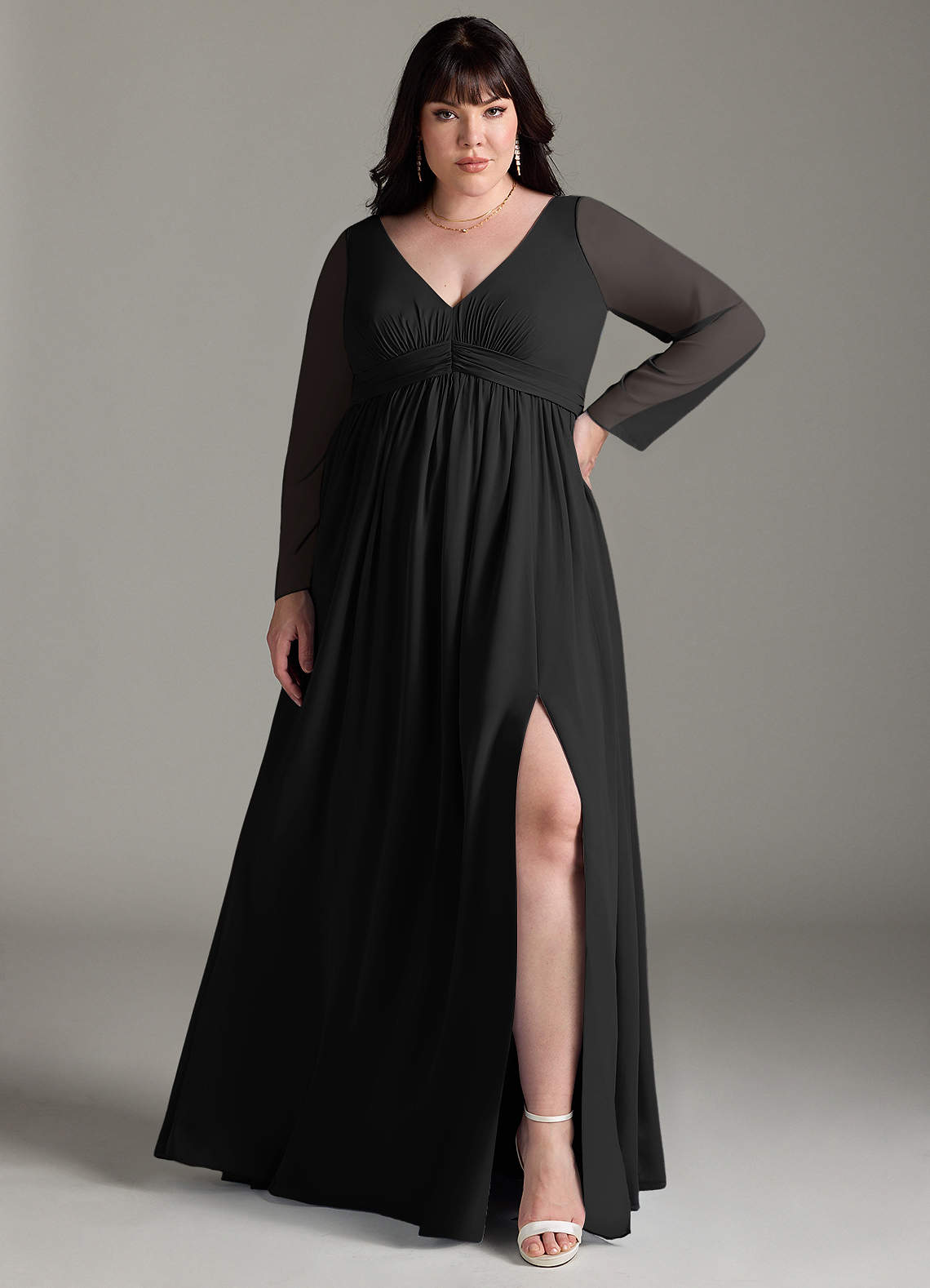 Azazie Teton Vestidos de dama de honra para maternidade Vestido Linha A Manga comprida Comprimento do chão Chiffon image6
