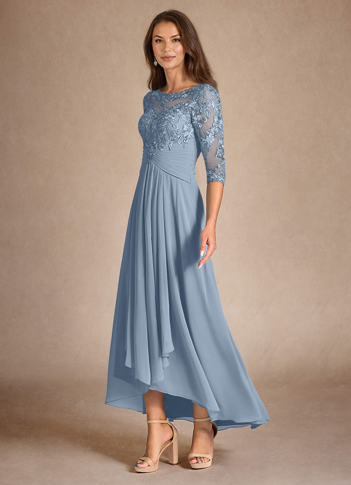 Azazie Marietta At-home Try On Dresses Dusty Blue A-Line Lace Dress image4