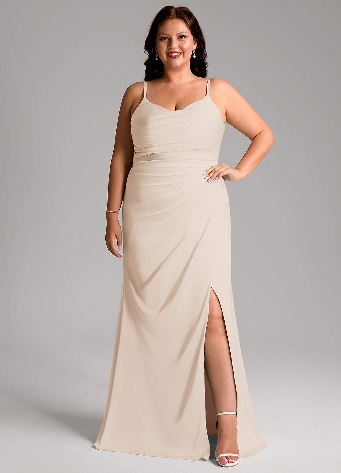 Azazie Deandra Bridesmaid Dresses White Alabaster Mermaid Pleated Stretch Satin Dress image1