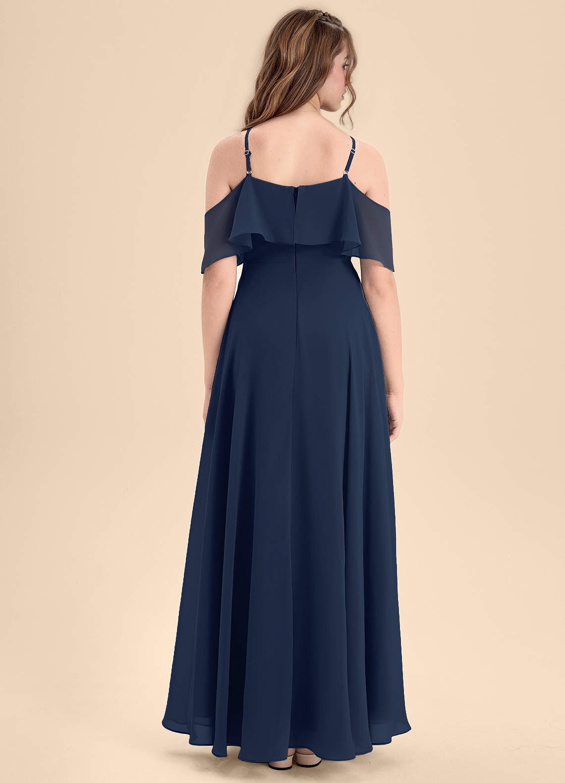 navy blue dresses for junior bridesmaids Azazie A-Line/Princess Off The Shoulder Floor-Length Chiffon Bridesmaid Back Style_Back Zipper friendly adaption of our Sizes:4 Crepe Back Satin Midi