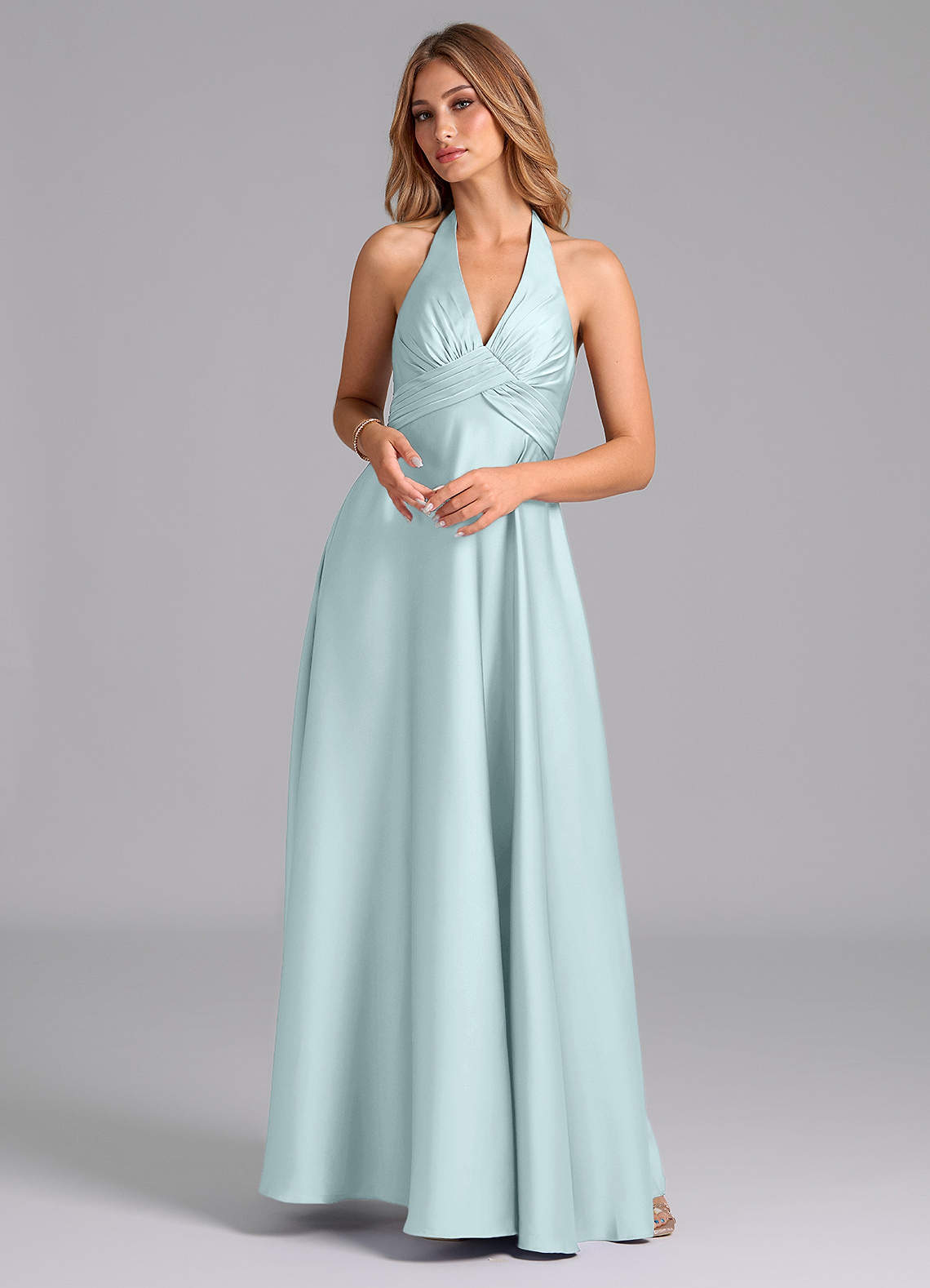 Azazie Tessie Bridesmaid Dresses Sea Glass A-Line Pleated Stretch Satin Dress image1