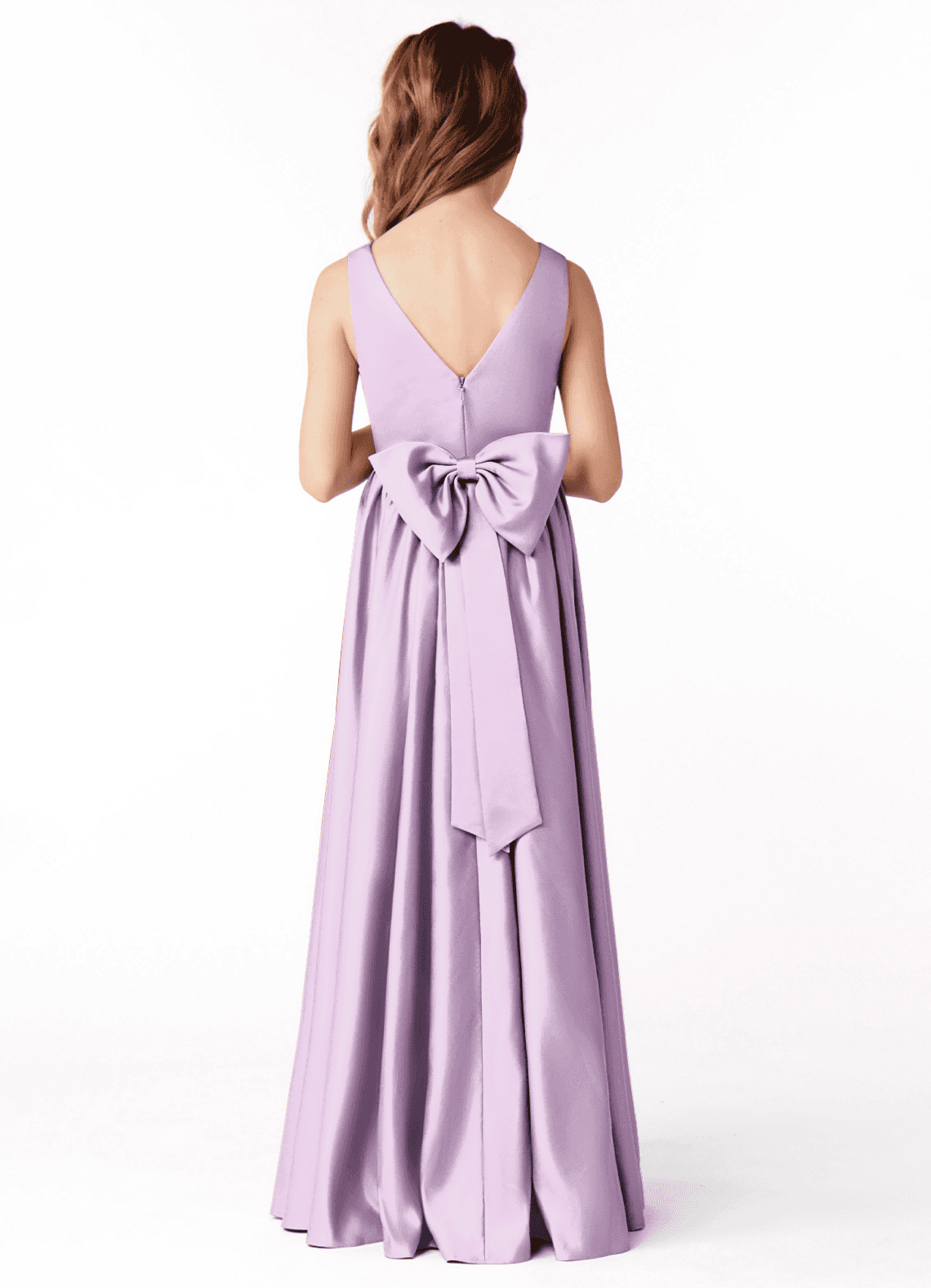 Azazie Hathaway Junior Frosted Lilac A-Line Bow Stretch Satin Dress image1