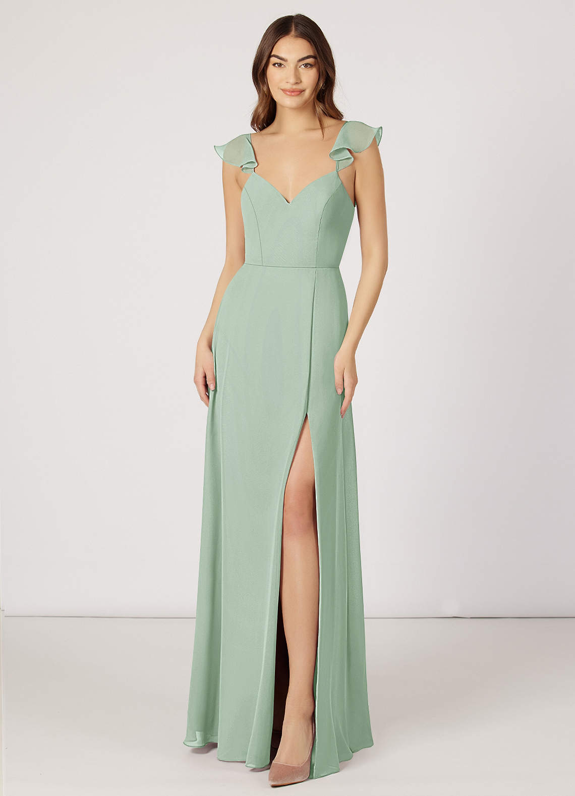 Azazie Everett Bridesmaid Dresses Agave A-Line V-neck Ruched Chiffon Dress image1