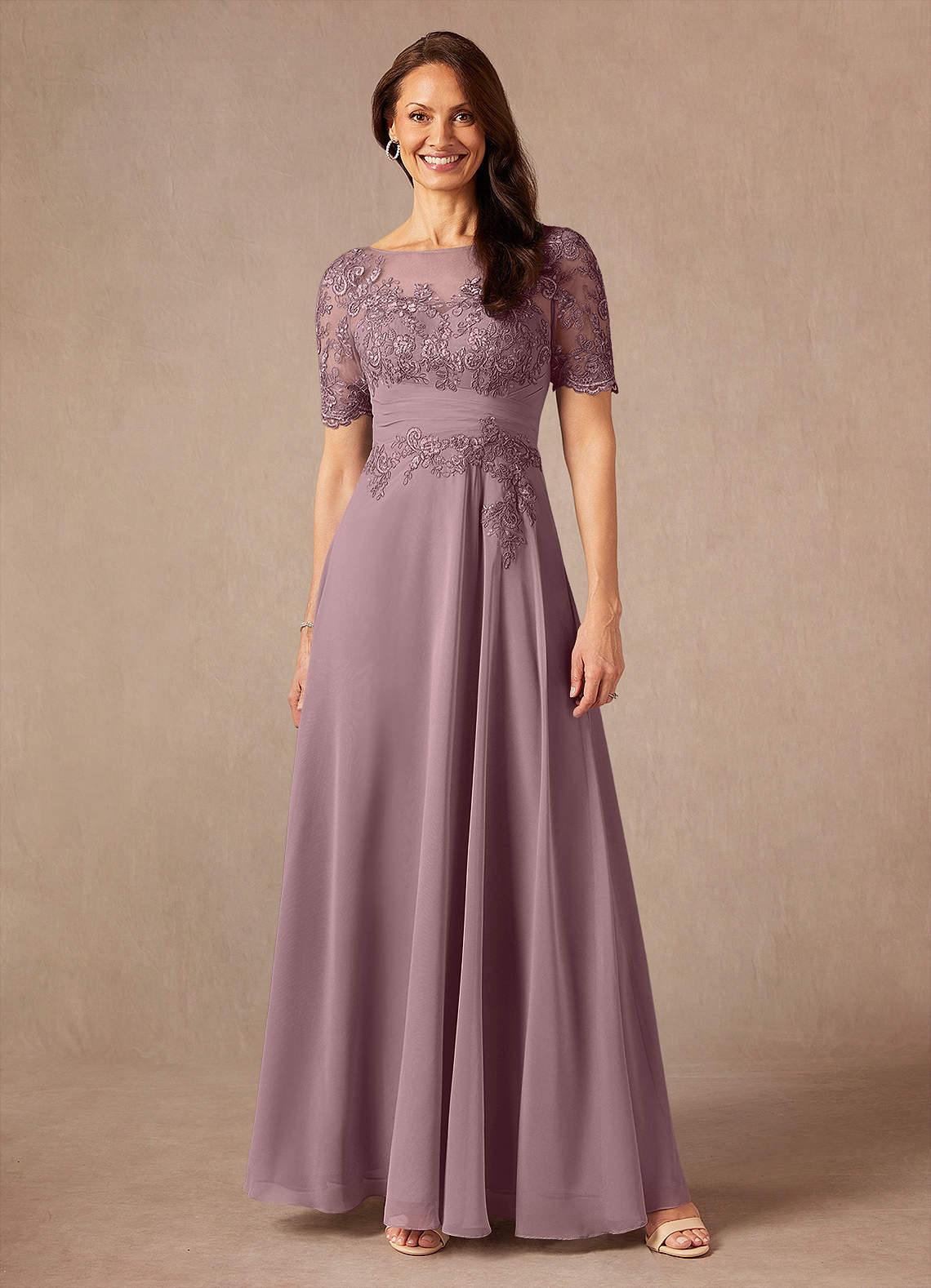 Azazie Raissa Mother of the Bride Dresses Dusty Rose A-Line Lace Chiffon Dress image1