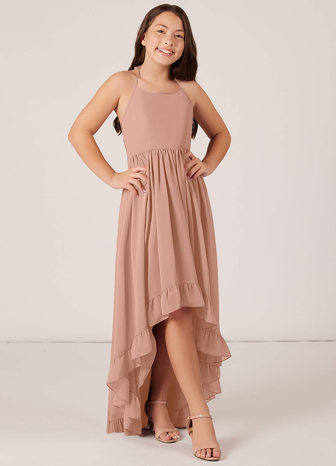 Azazie Sarafina Junior Vestido de Champán Rosado de Gasa de Corte En A con Encaje image1