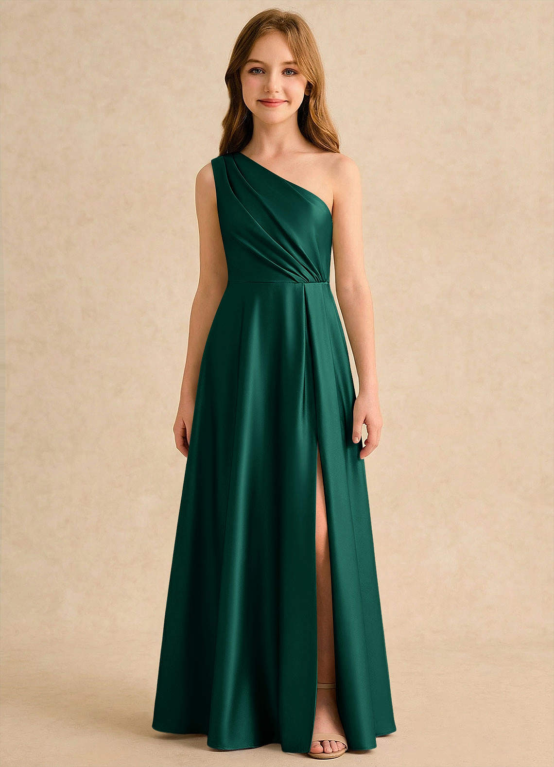 Azazie Puddles Girls Formal Flower Girl Dresses Emerald A-Line One Shoulder Stretch Satin Dress image5