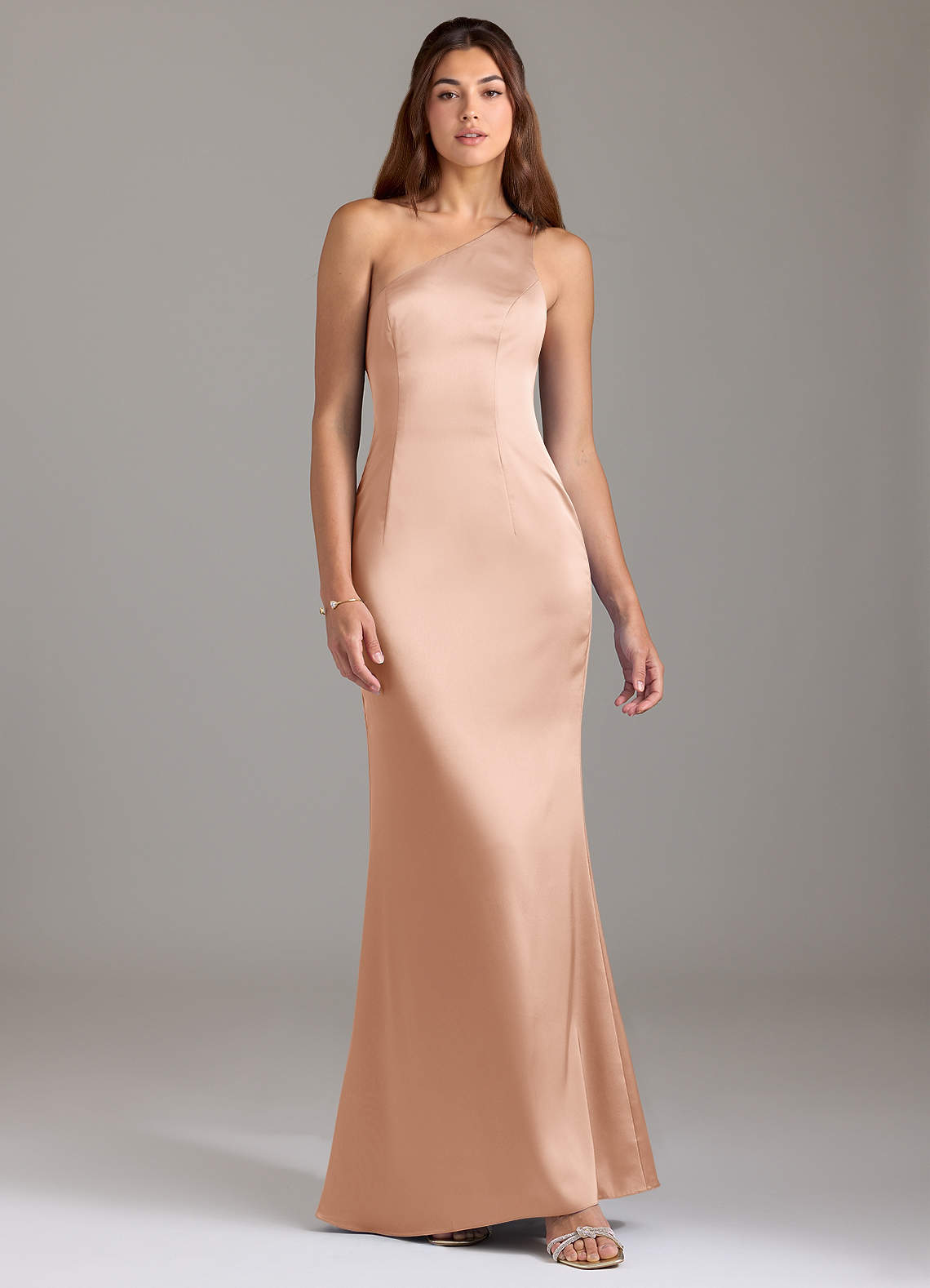 Azazie Arleth Jurken voor bruidsmeisjes Jurk van Stretch Satijn met A-Lijn One-Shoulder Rosé Goud image1