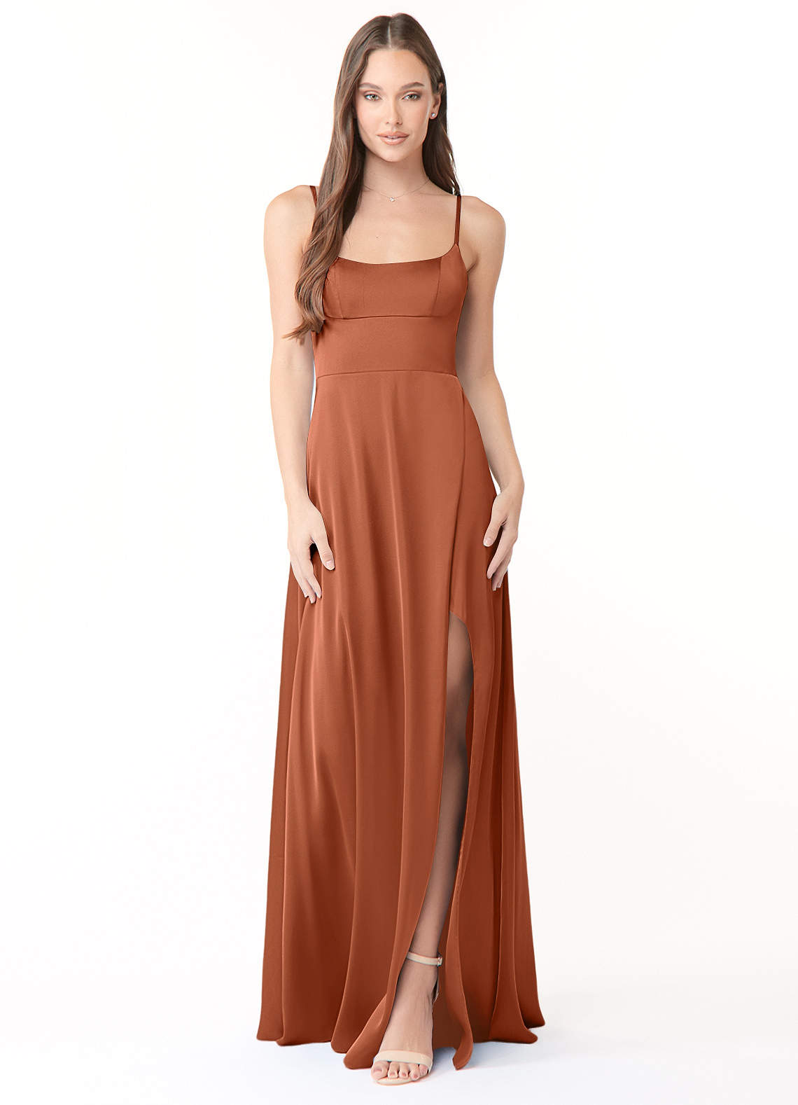Azazie Halsey Robes de demoiselle d'honneur Robe Fourreau en Satin extensible Fente Latérale Rose De Cèdre image1