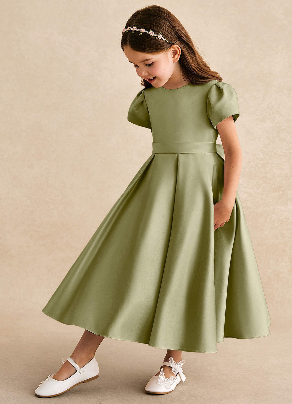 Azazie Princess Flower Girl Dresses Moss Green A-Line Pleated Matte Satin Dress image1