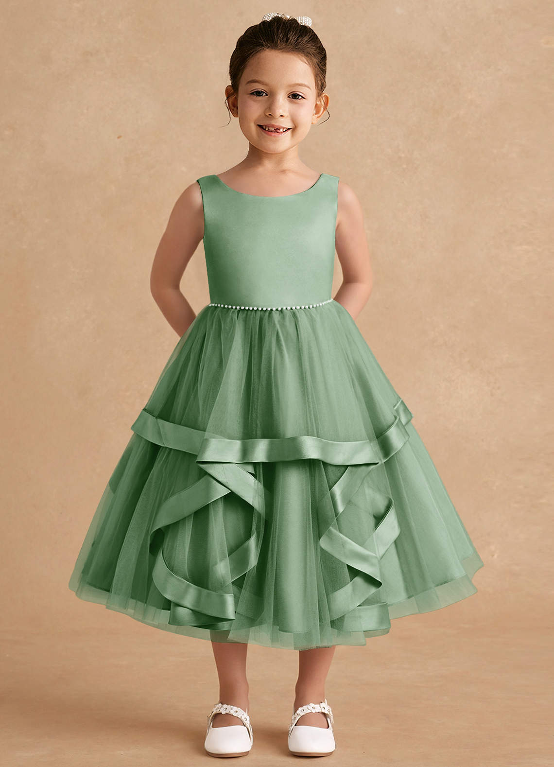 Azazie Posy Flower Girl Dresses Matcha A-Line Beaded Tulle Dress image1