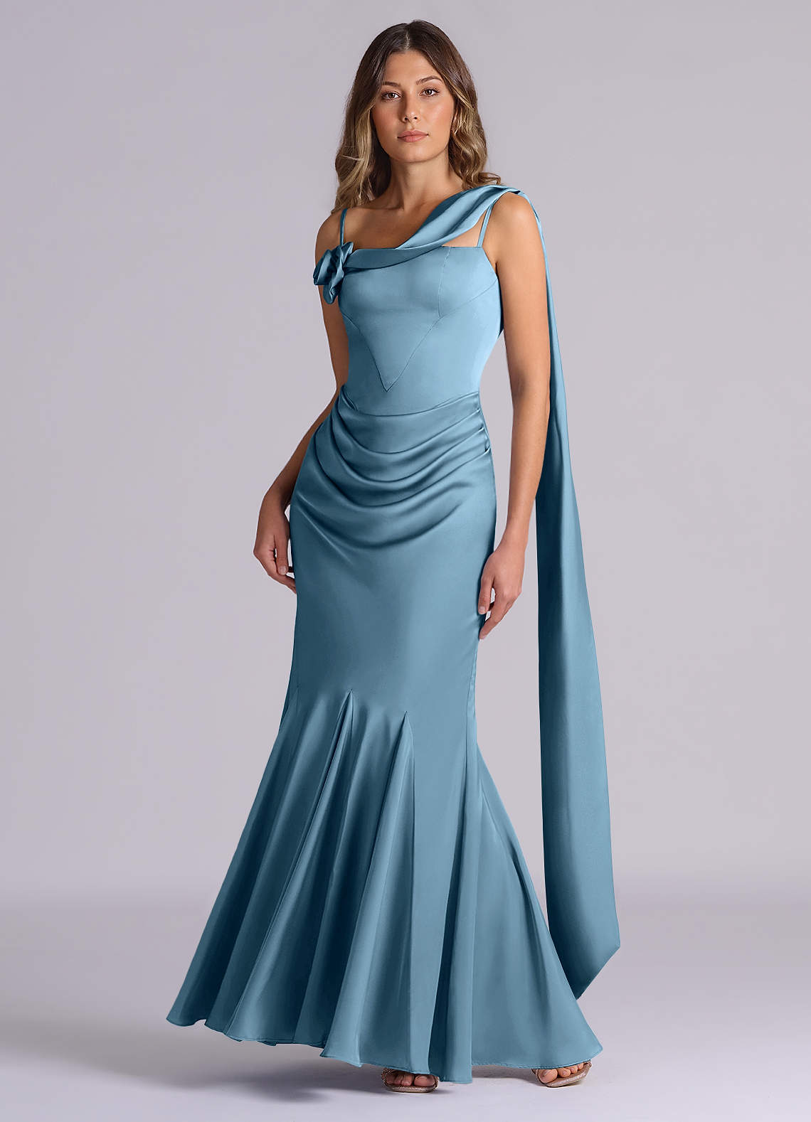 Azazie Inara Steel Blue Stretch Satin Bridesmaid Dresses