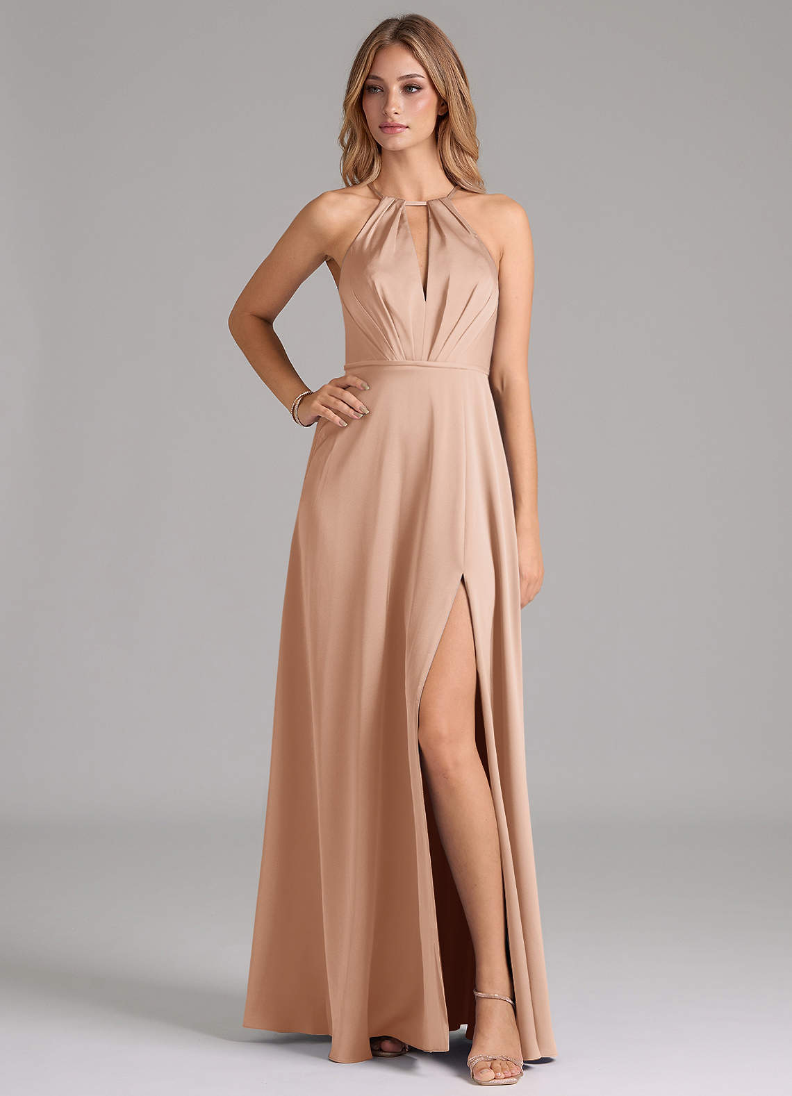 Azazie Evalleen Bridesmaid Dresses English Rose A-Line Pleated Stretch Satin Dress image1