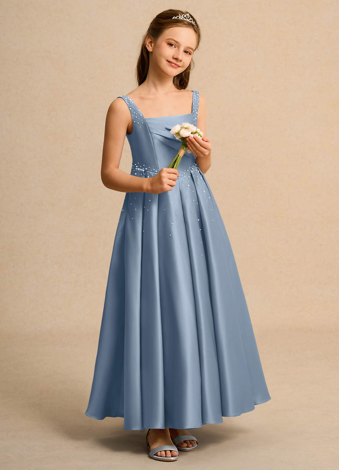 Azazie Mochi Girl Junior Formal Flower Girl Dresses Dusty Blue Ball-Gown Pleated Matte Satin Dress image3